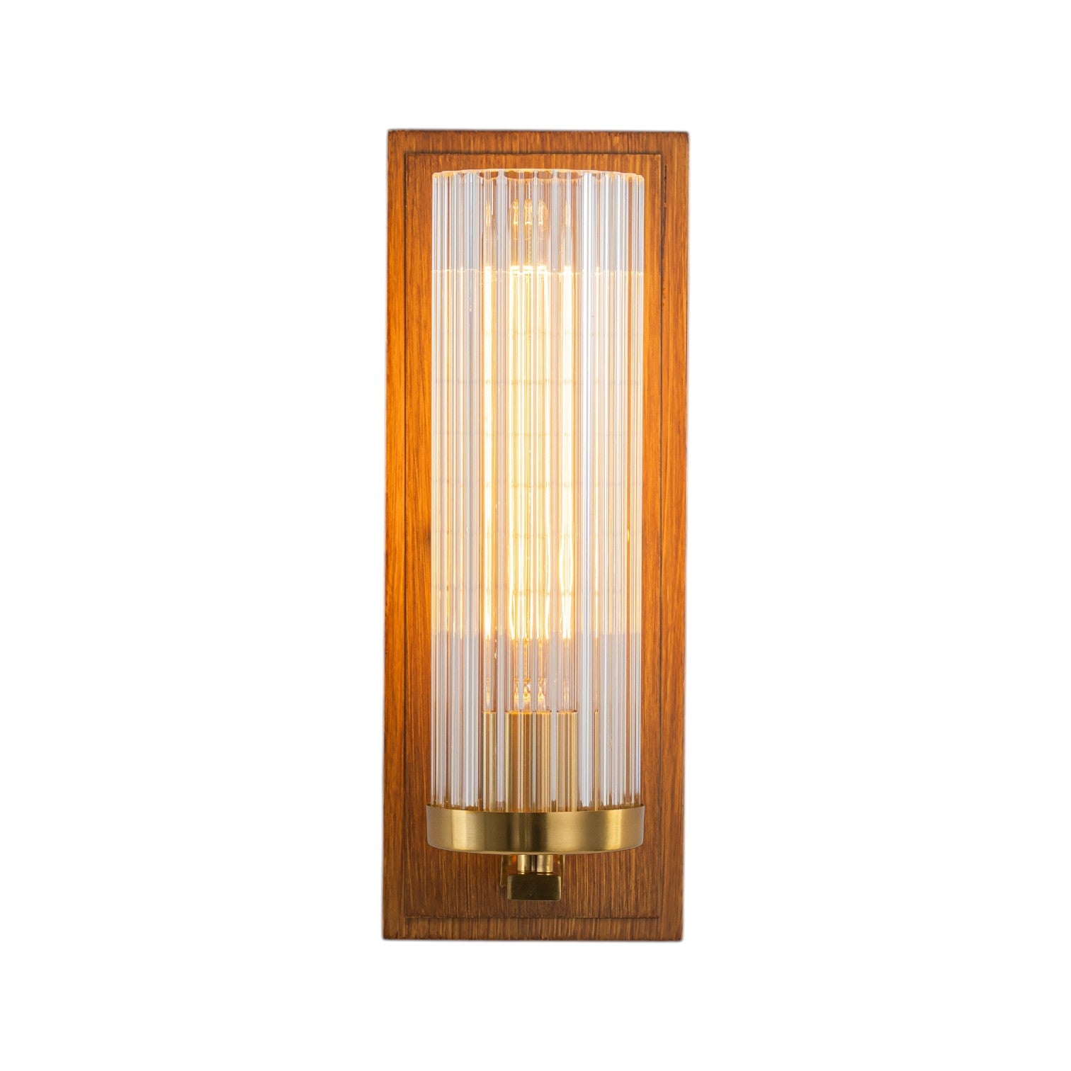 Glowlings 1-Light Brushed Gold Indoor Wood Wall Sconce with Cylinder Ribbed Fluted Glass Shade