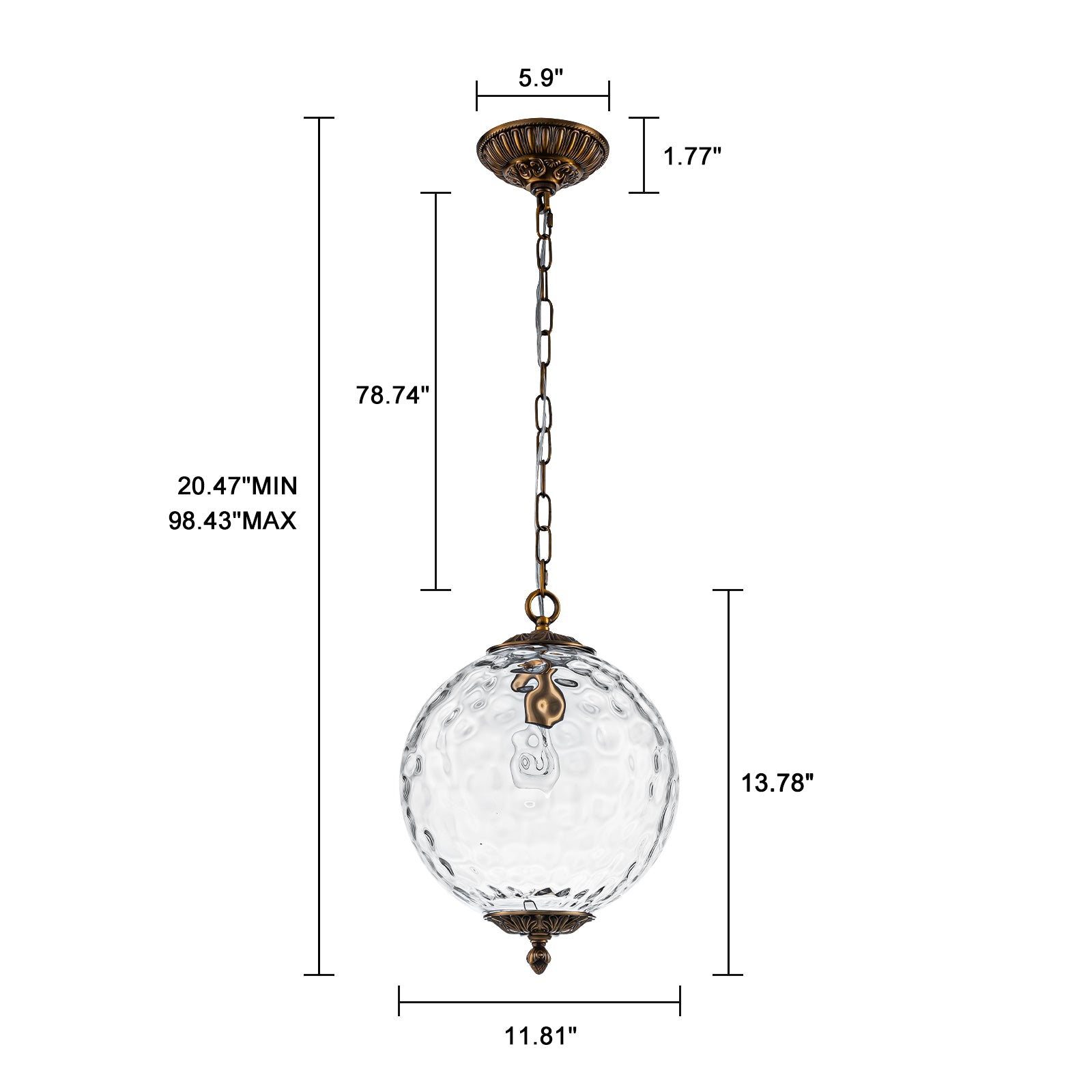 Glowlings 1-Light Classic Aged Brass Clear Hammered Glass Globe Pendant Light