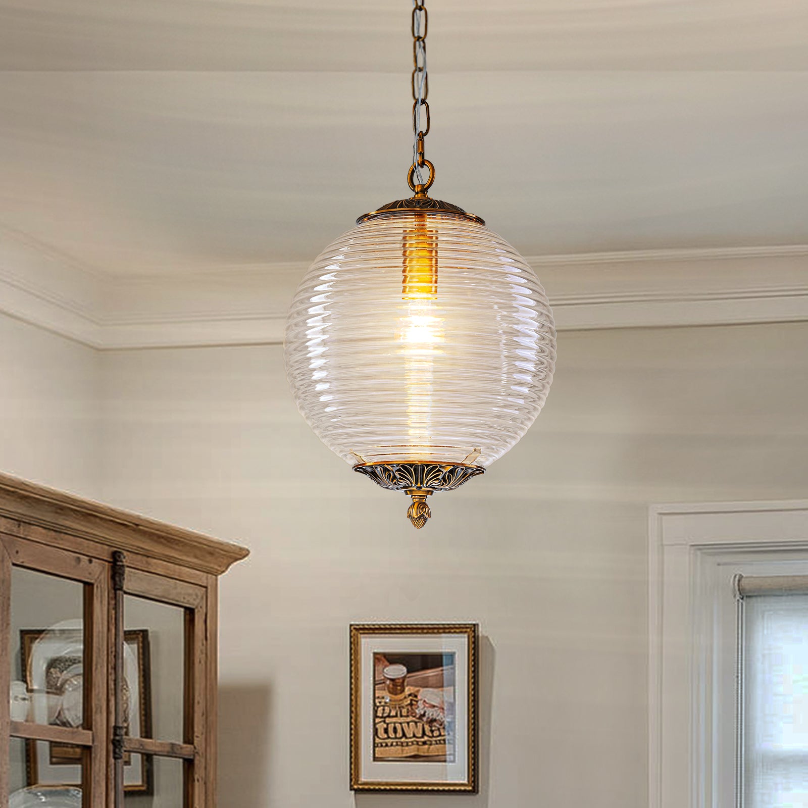 Glowlings 1-Light Classic Aged Brass/Black Clear Swirl Glass Globe Pendant Light