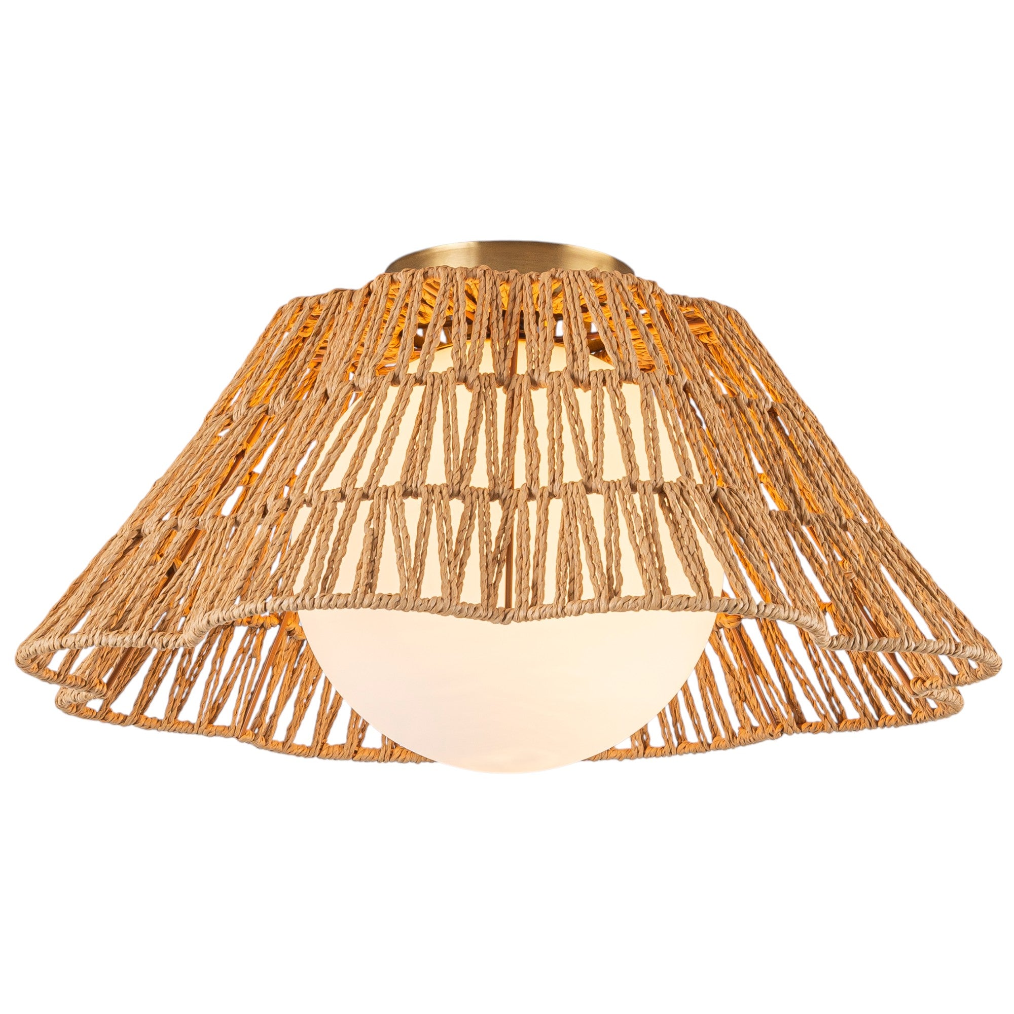 Glowlings 1-Light Farmhouse 18"Wide Brown Natural Rattan Flower Shaped Opal Glass Flush Mount