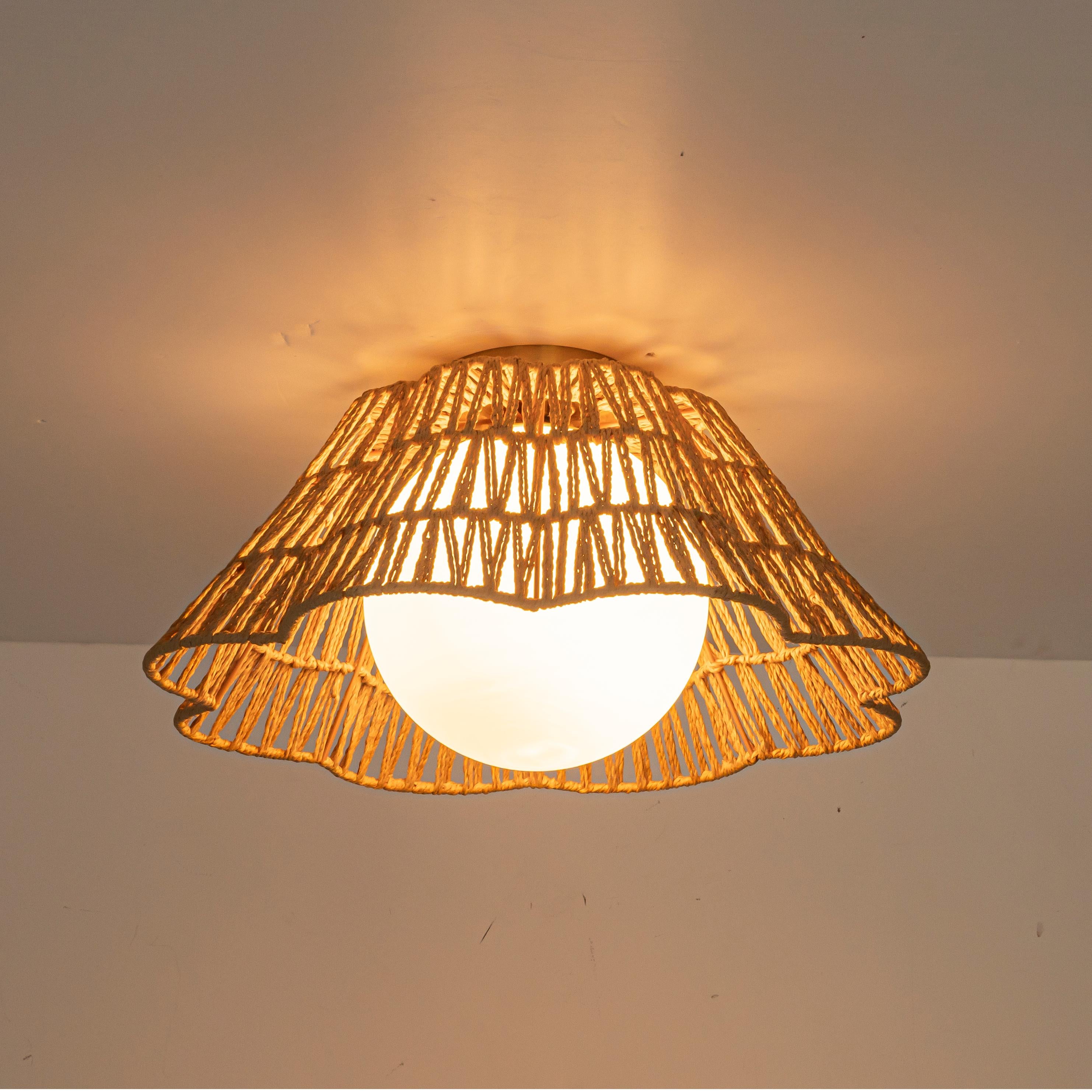 Glowlings 1-Light Farmhouse 18"Wide Brown Natural Rattan Flower Shaped Opal Glass Flush Mount