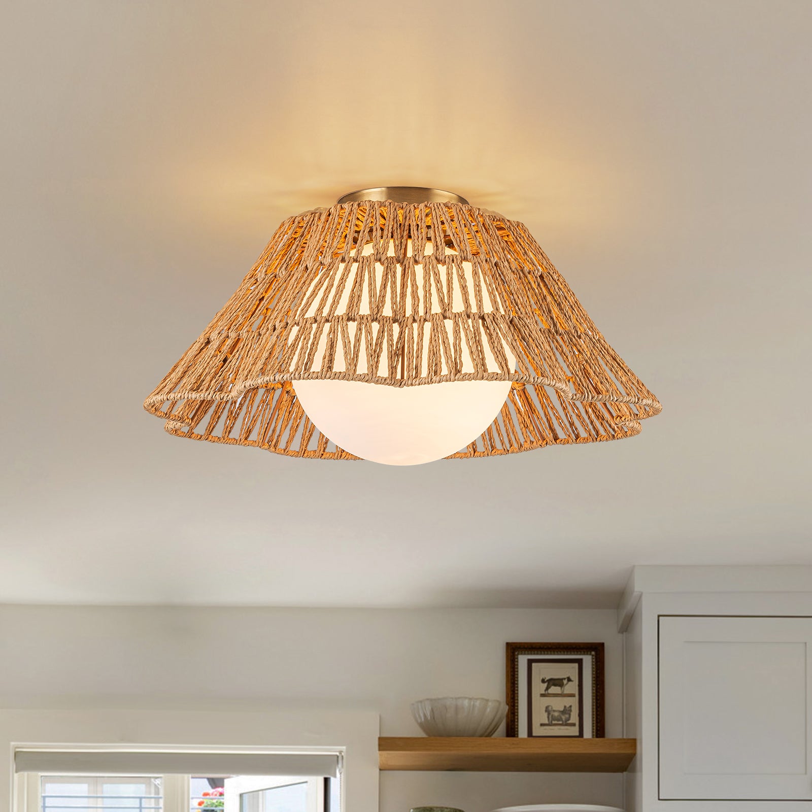 Glowlings 1-Light Farmhouse 18"Wide Brown Natural Rattan Flower Shaped Opal Glass Flush Mount