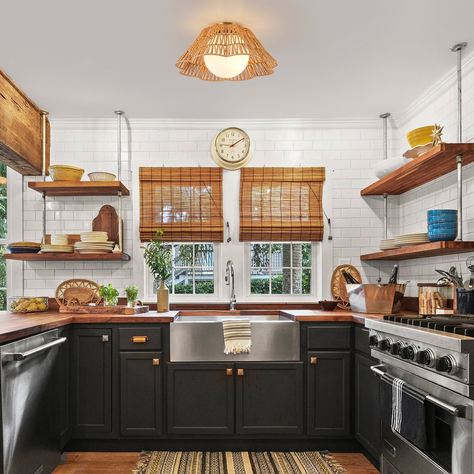 Glowlings 1-Light Farmhouse 18"Wide Brown Natural Rattan Flower Shaped Opal Glass Flush Mount