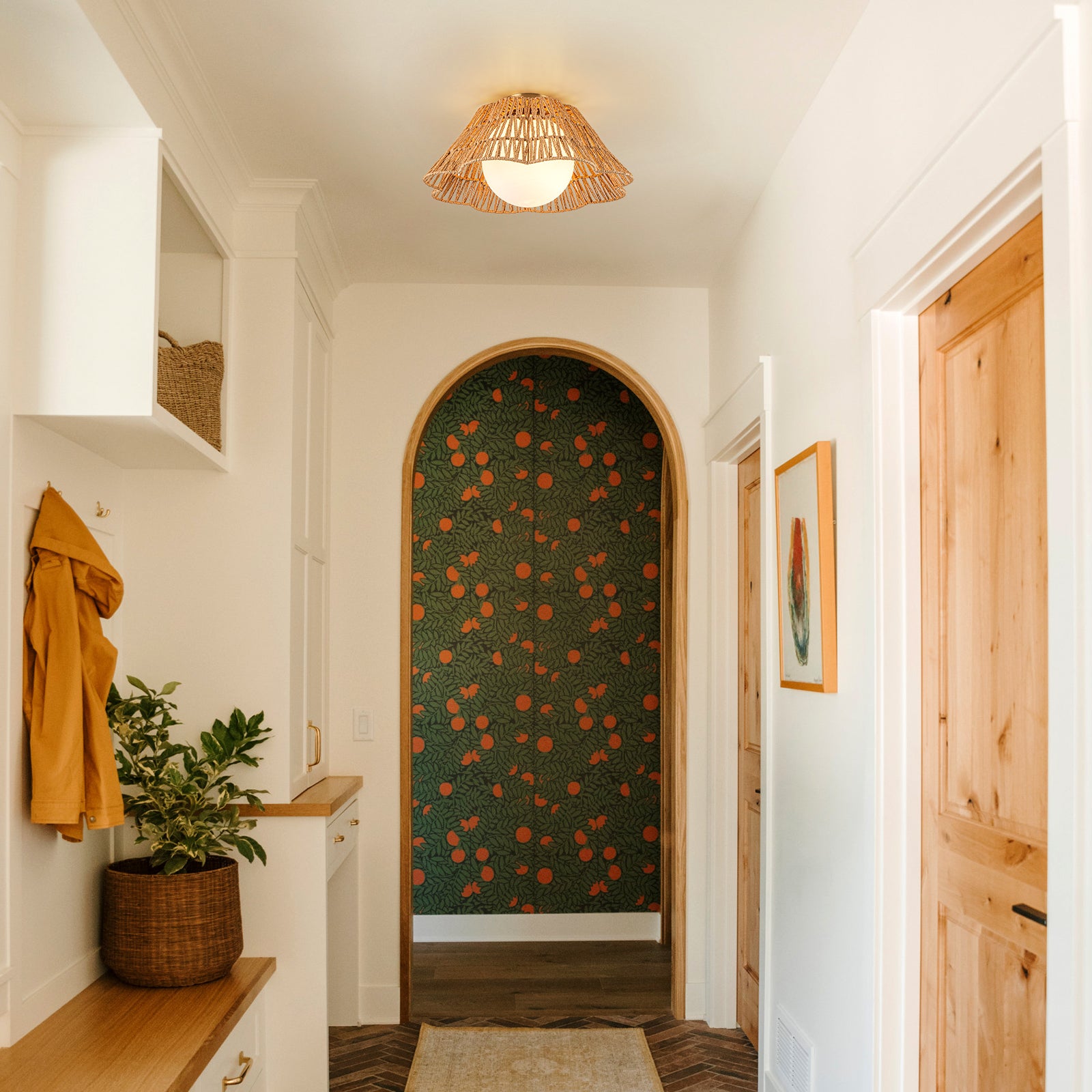 Glowlings 1-Light Farmhouse 18"Wide Brown Natural Rattan Flower Shaped Opal Glass Flush Mount