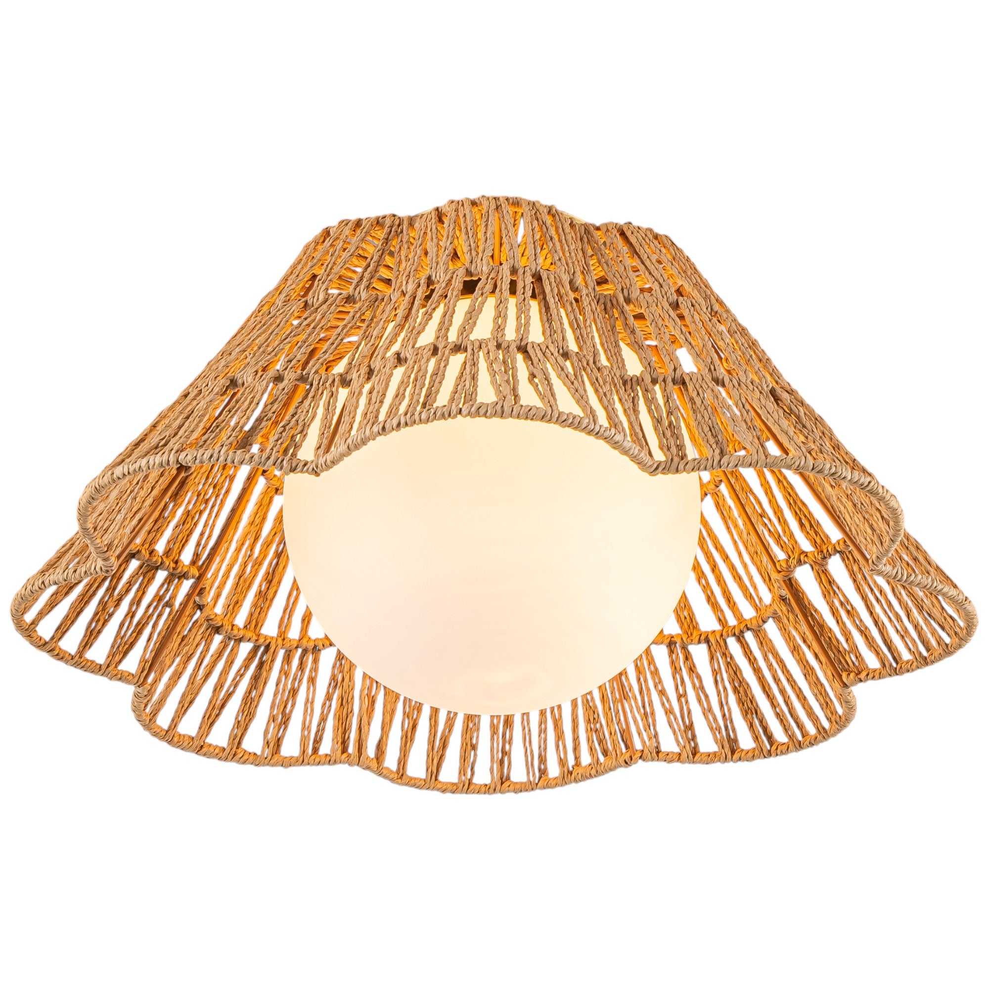 Glowlings 1-Light Farmhouse 18"Wide Brown Natural Rattan Flower Shaped Opal Glass Flush Mount