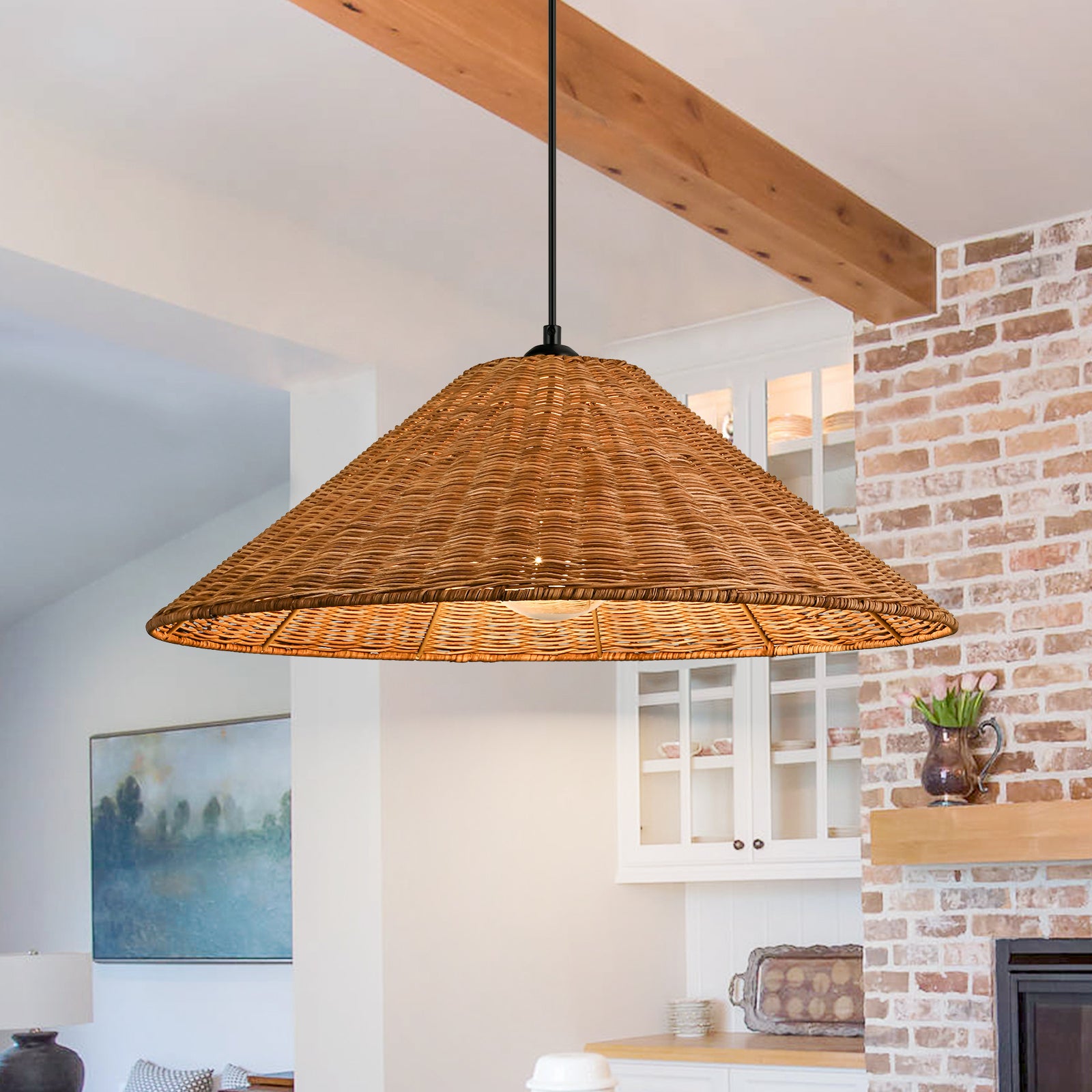 Glowlings 1-flammige Farmhouse-Pendelleuchte, 61 cm breit, übergroßer Kegel, handgewebtes Rattan