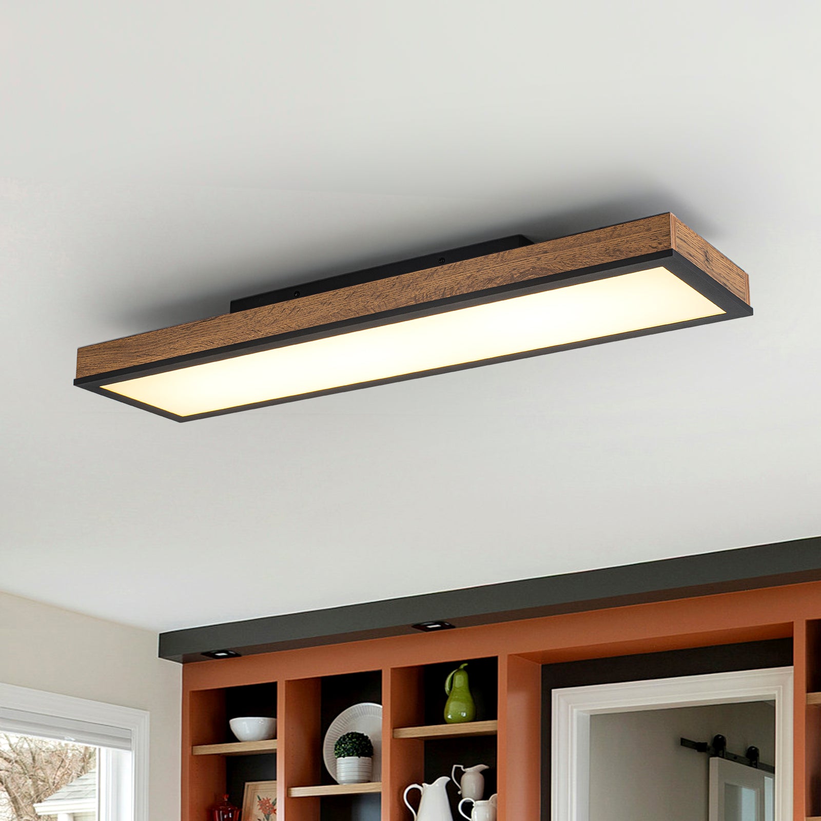 Glowlings 1-Light Farmhouse 32"Wide Linear Low Profile Rectangular Wood LED Flush Mount Ceiling Light
