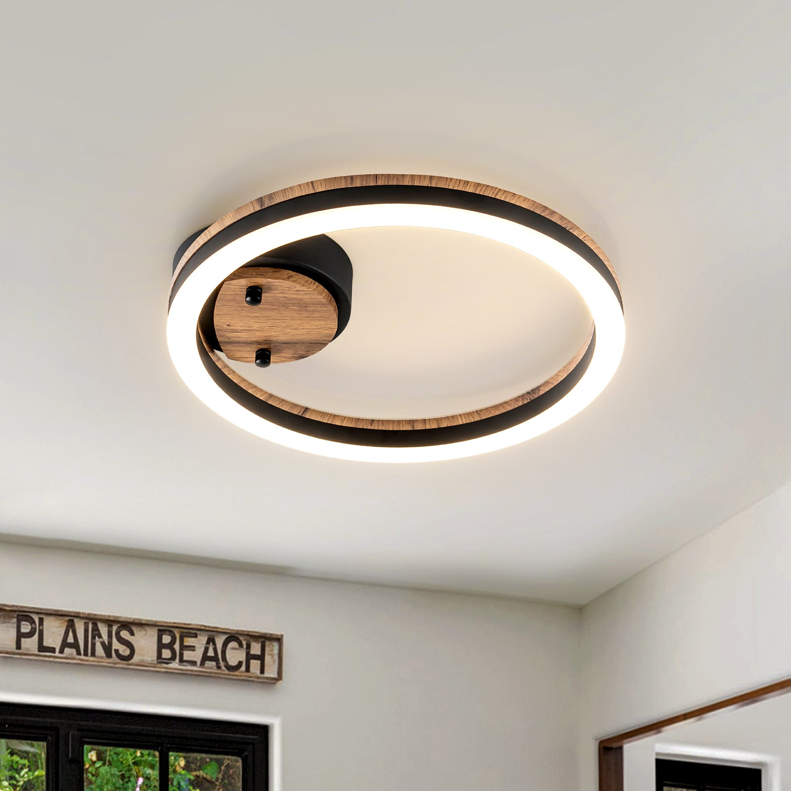 Glowlings 1-flammige LED-Deckenleuchte im Landhausstil, rund, Ring, Holz