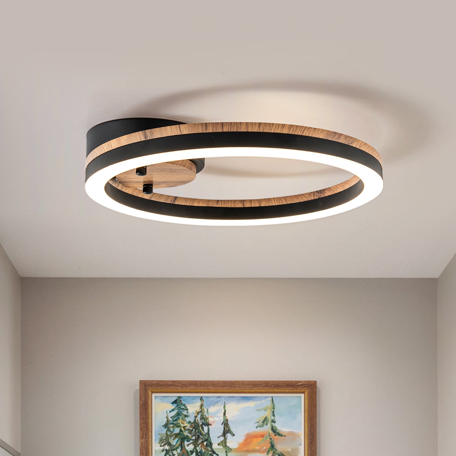 Glowlings 1-flammige LED-Deckenleuchte im Landhausstil, rund, Ring, Holz