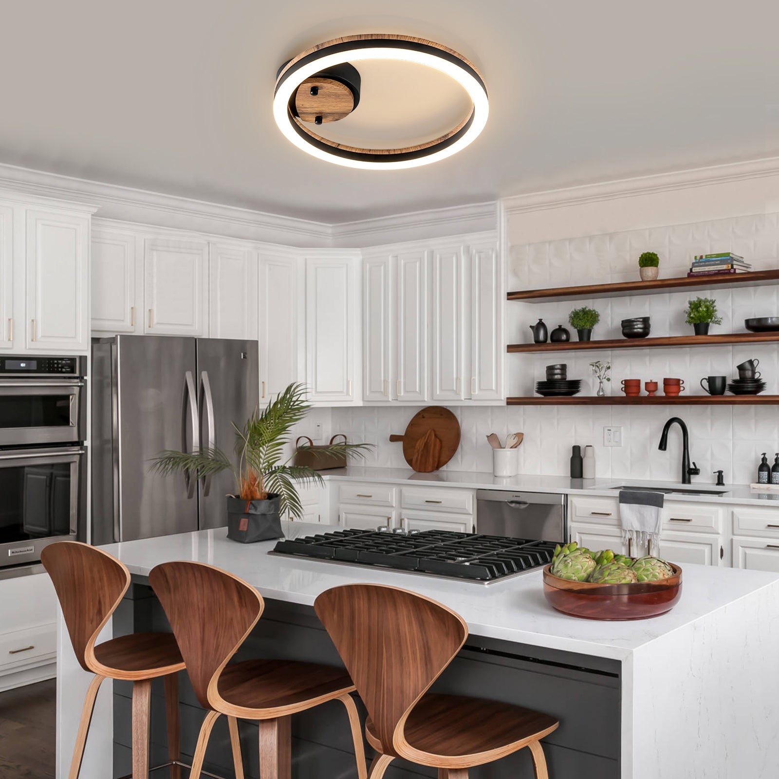 Glowlings 1-flammige LED-Deckenleuchte im Landhausstil, rund, Ring, Holz