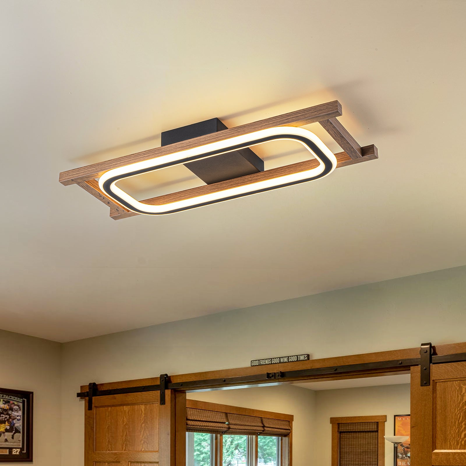 Glowlings 1/2/3-Light Farmhouse Rectangular LED Wood Flush Mount Celiling Light