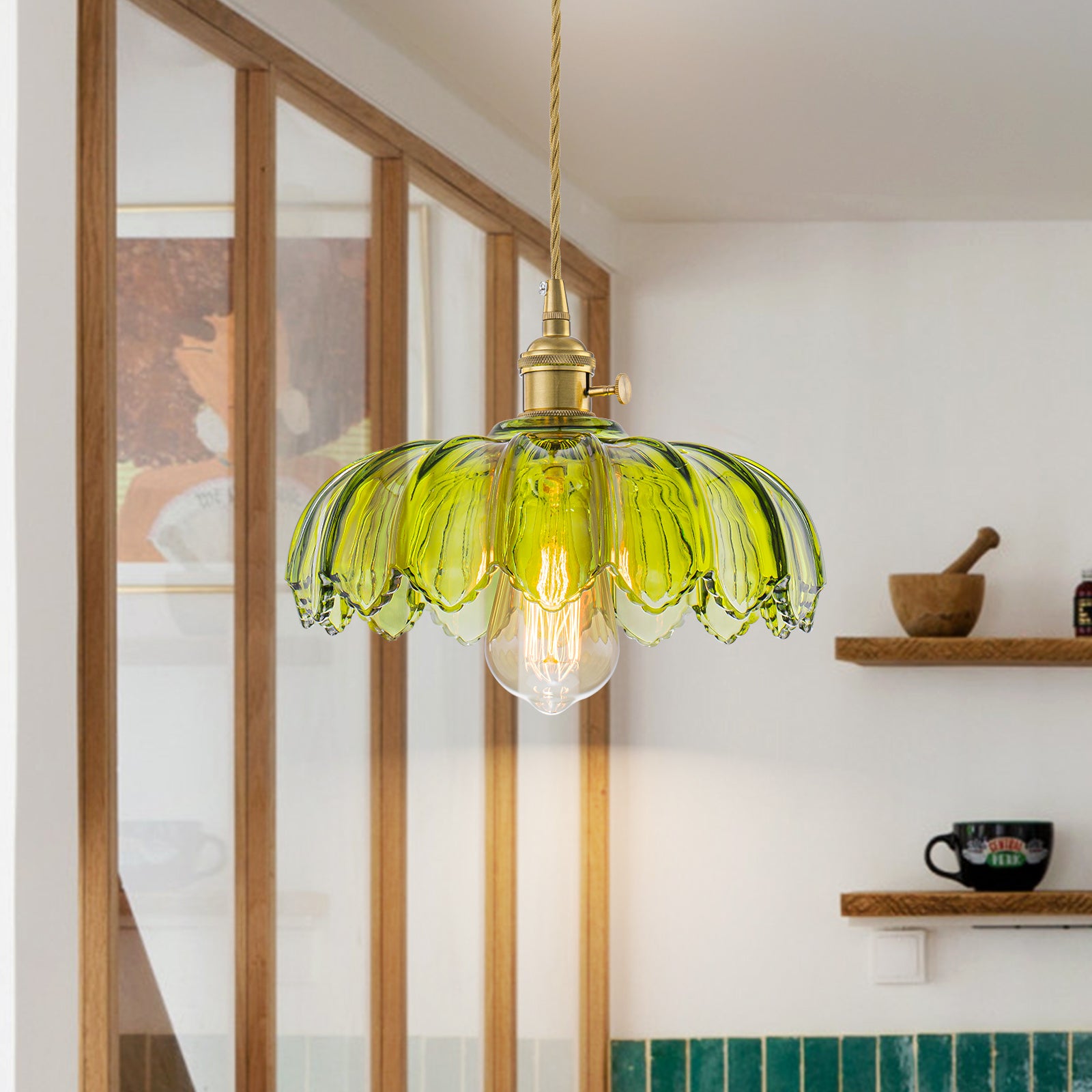 Glowlings 1-Light French Flower Shaped Green/Clear Glass Pendant Light