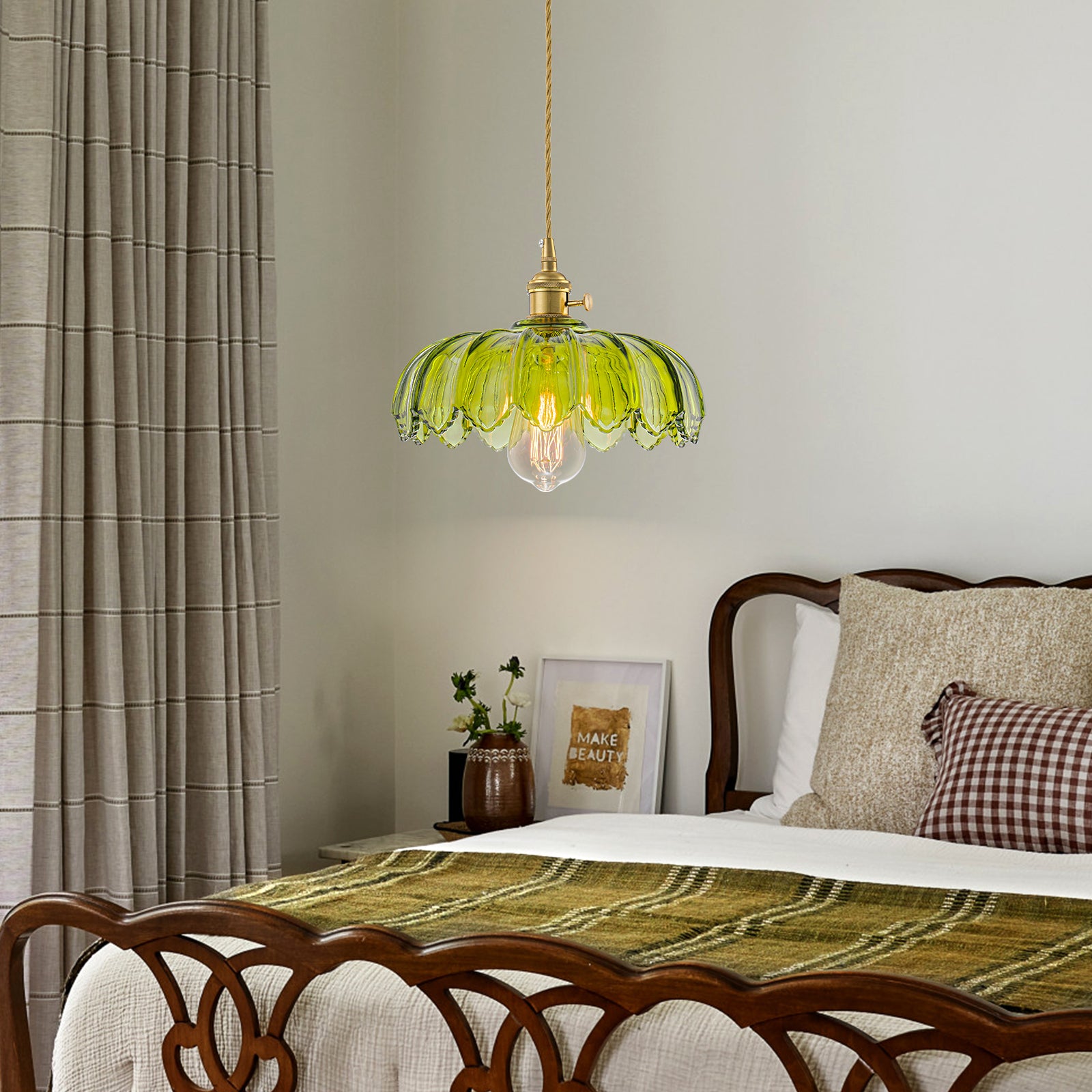 Glowlings 1-Light French Flower Shaped Green/Clear Glass Pendant Light