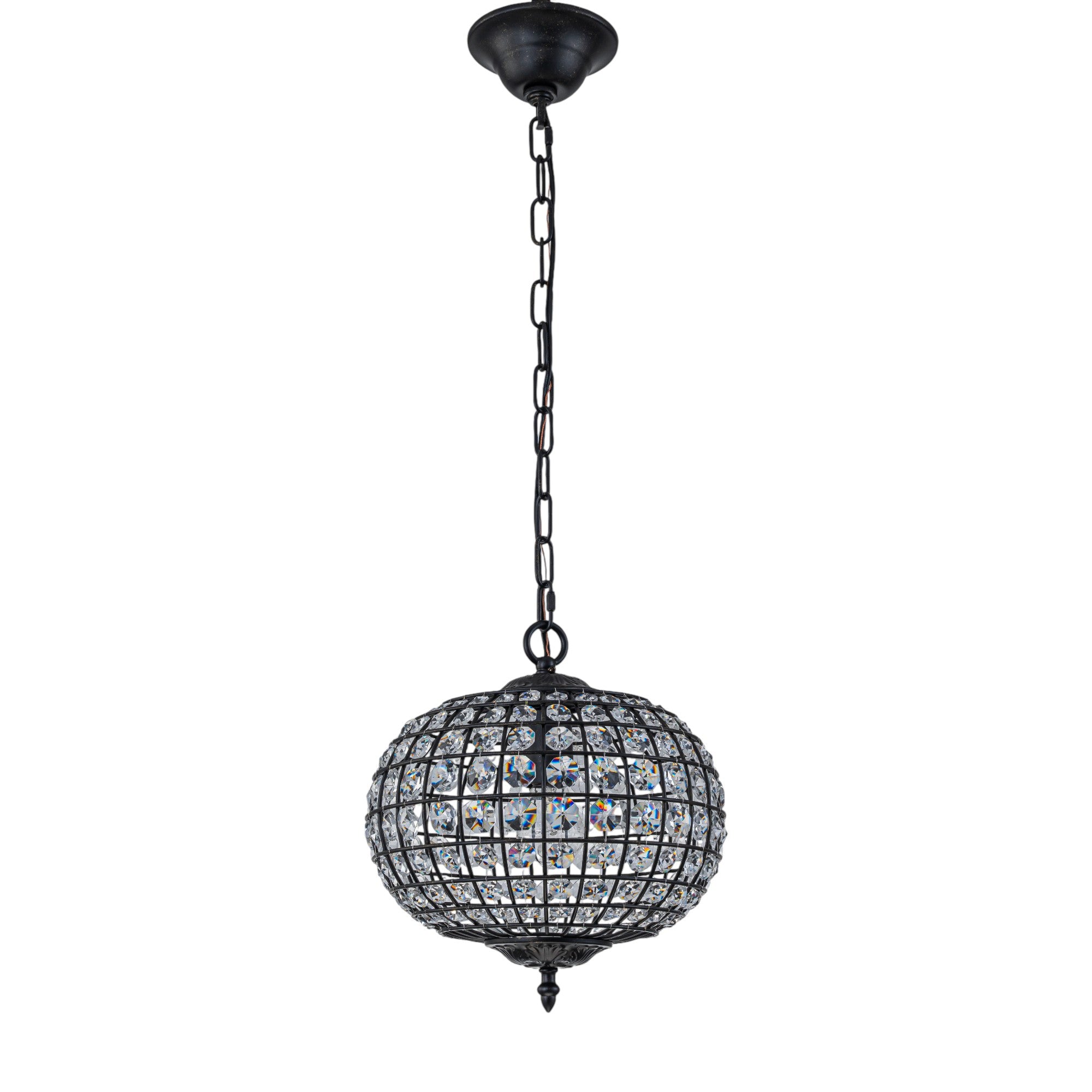 Glowlings 1-Light Vintage 11"Wide Brass/Black Globe Handmade Crystal Chandelier