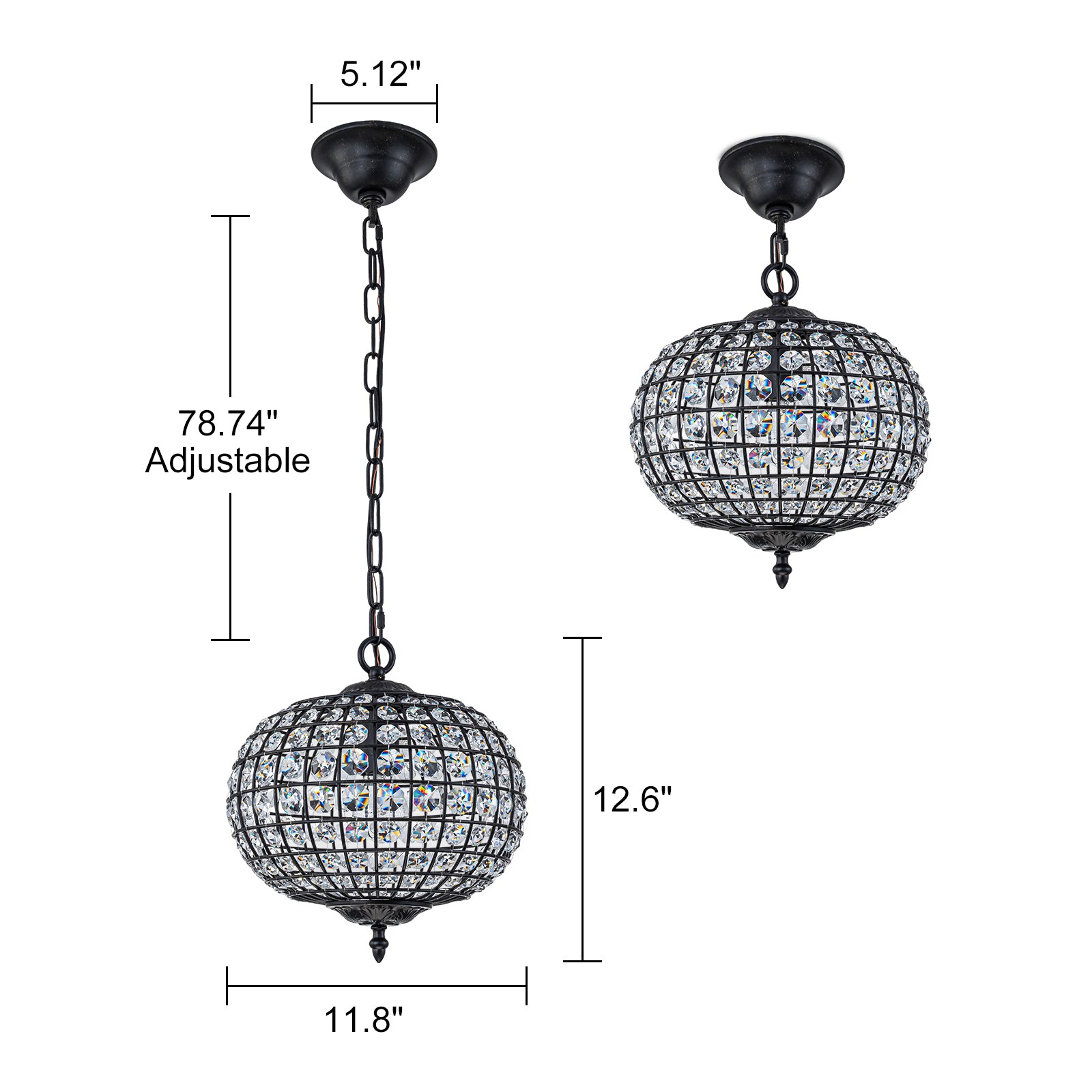 Glowlings 1-Light Vintage 11"Wide Brass/Black Globe Handmade Crystal Chandelier
