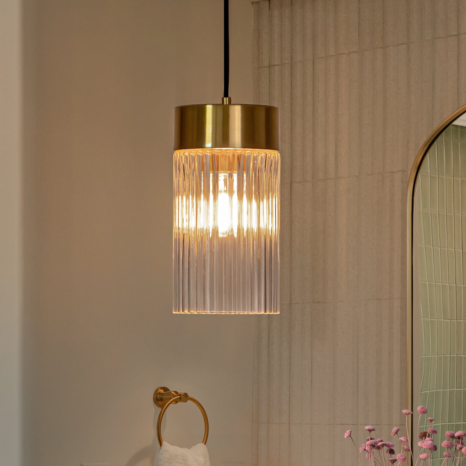 Glowlings Modern 1-Light Gold Cylinder Clear Ribbed Glass Mini Pendant Light