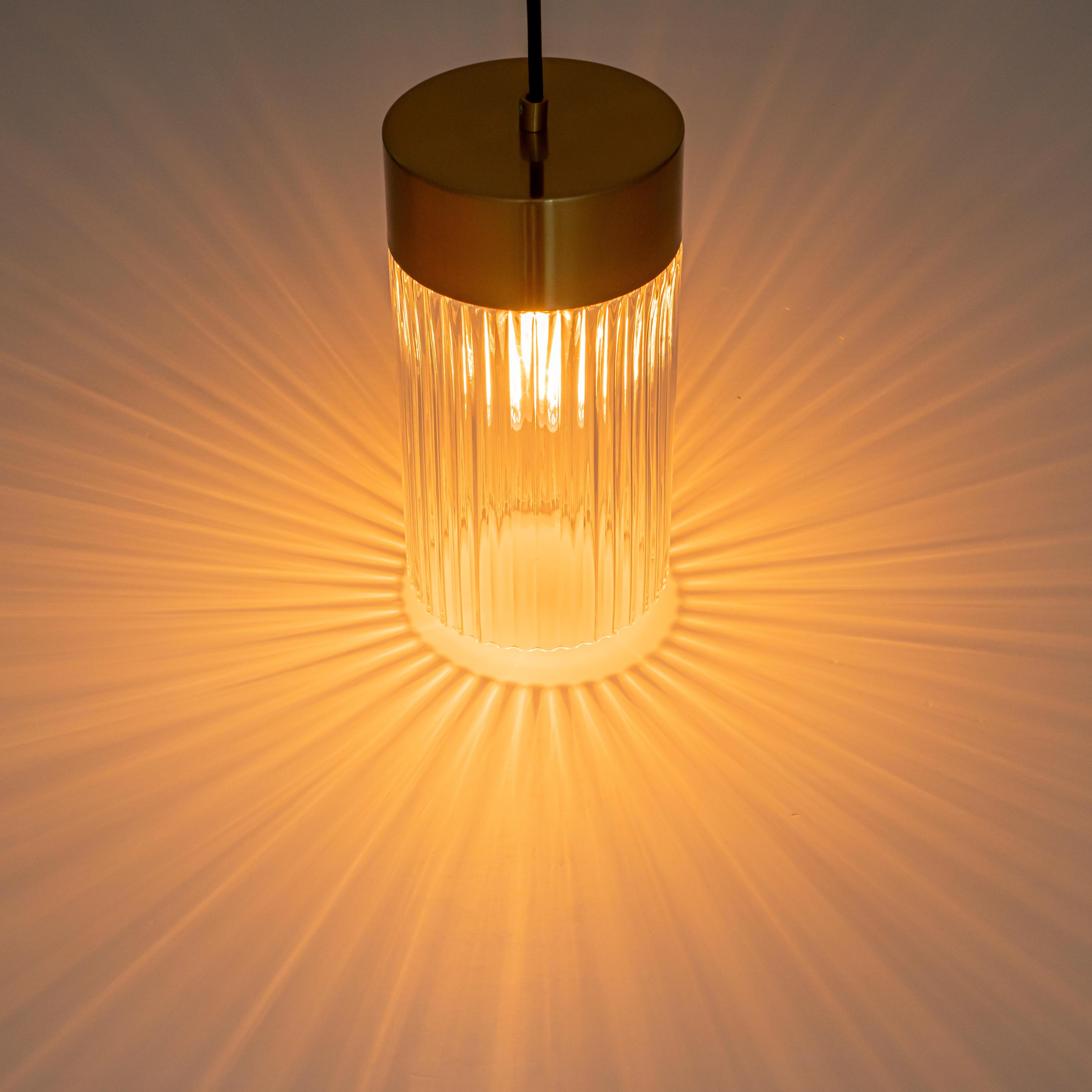 Glowlings Modern 1-Light Gold Cylinder Clear Ribbed Glass Mini Pendant Light