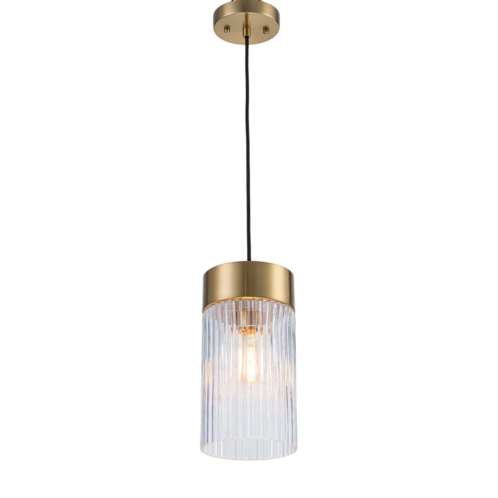 Glowlings Modern 1-Light Gold Cylinder Clear Ribbed Glass Mini Pendant Light