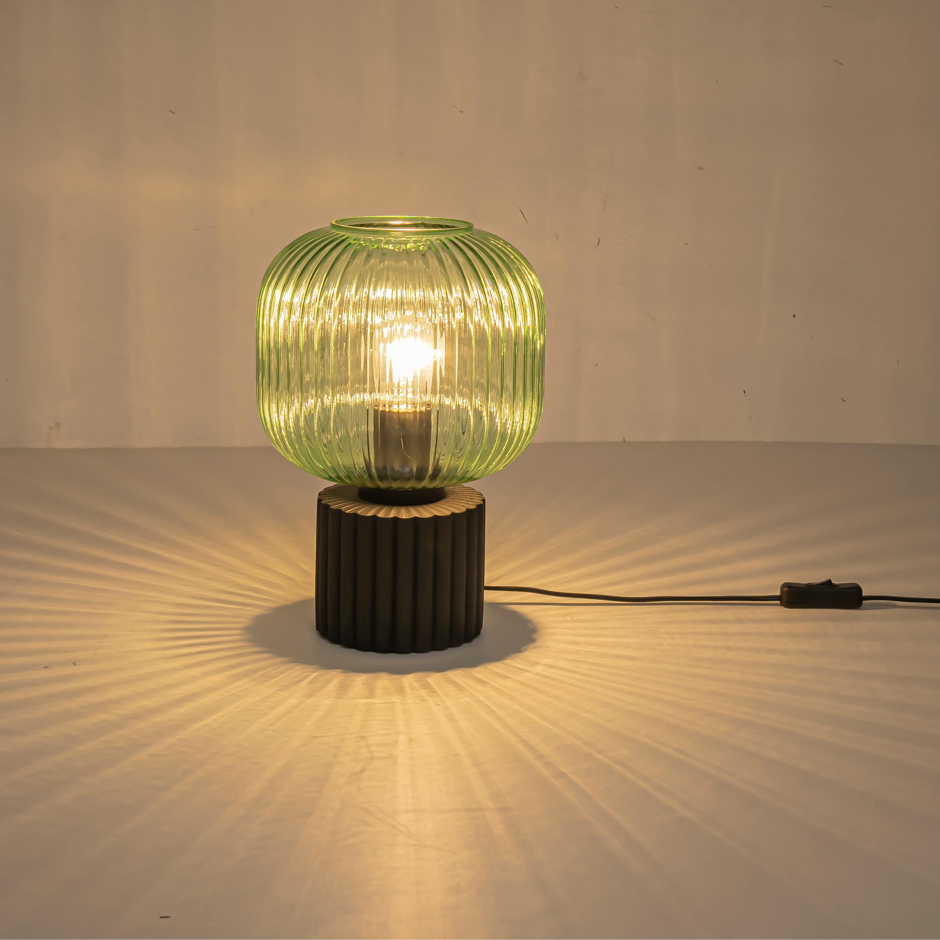 Glowlings 1-Light Modern Green Clear Ribbed Glass Small Side Table Lamp