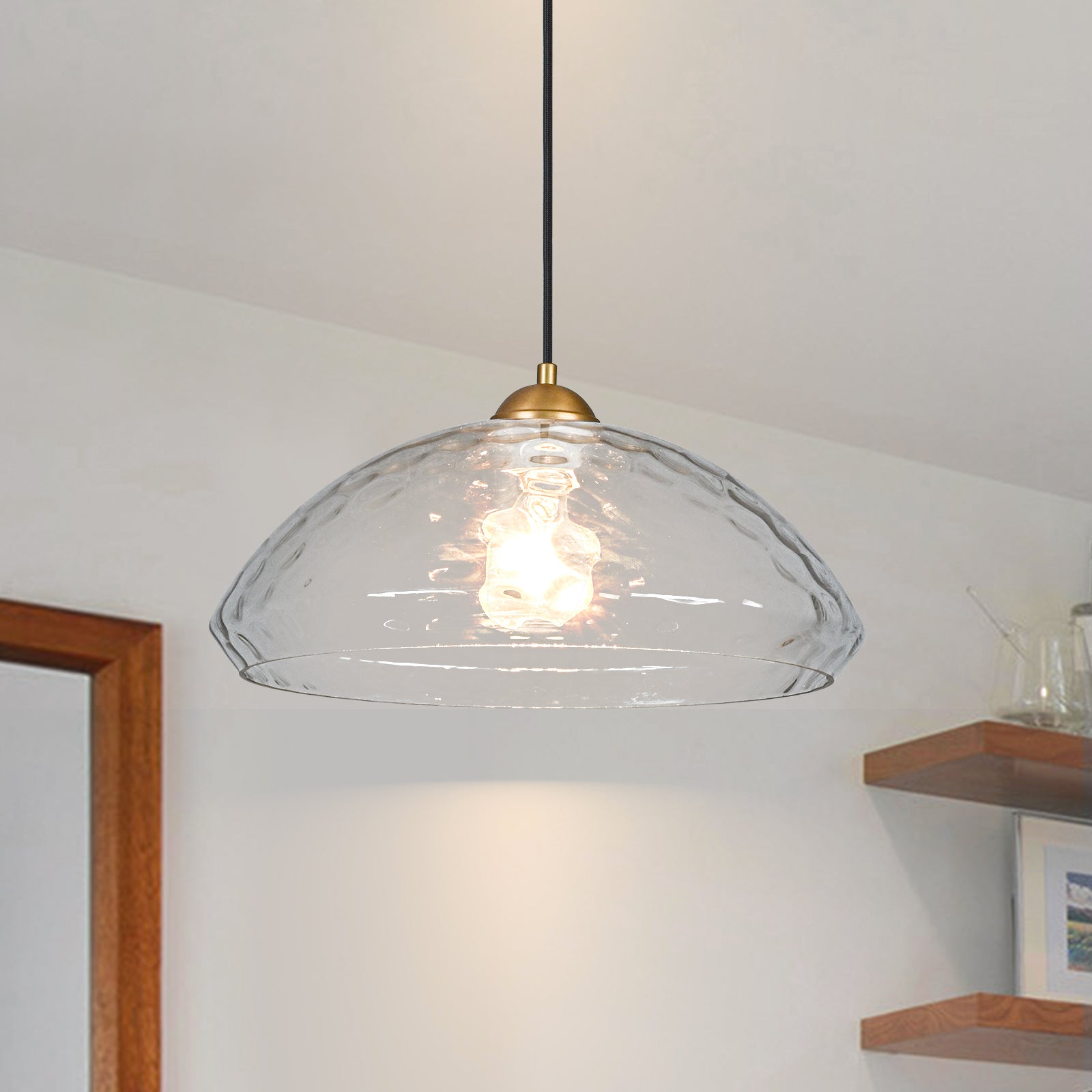 Glowlings 1-flammige, moderne Pendelleuchte mit gehämmerter, klarer Glaskuppel, 38,1 cm breit, Inselleuchte