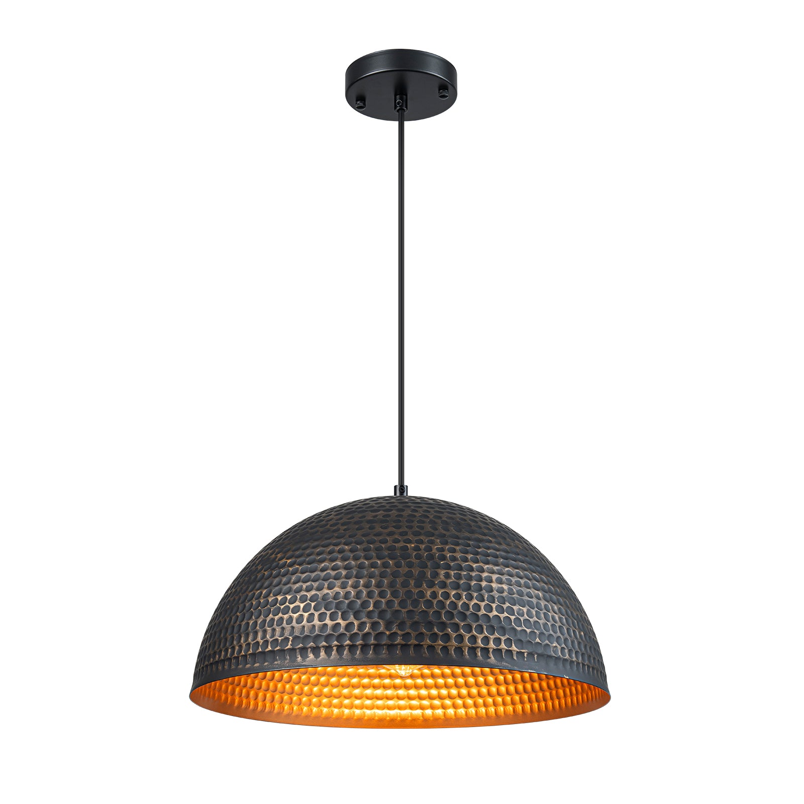 Glowlings 1-flammige industrielle 16" breite schwarz-goldene gehämmerte Textur-Kuppel-Pendelleuchte
