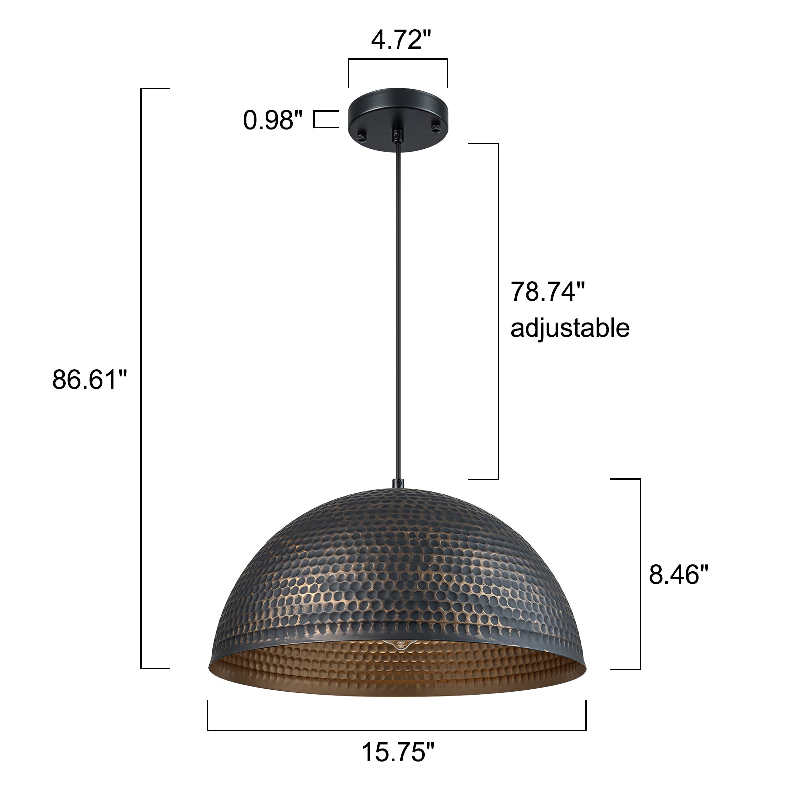 Glowlings 1-flammige industrielle 16" breite schwarz-goldene gehämmerte Textur-Kuppel-Pendelleuchte