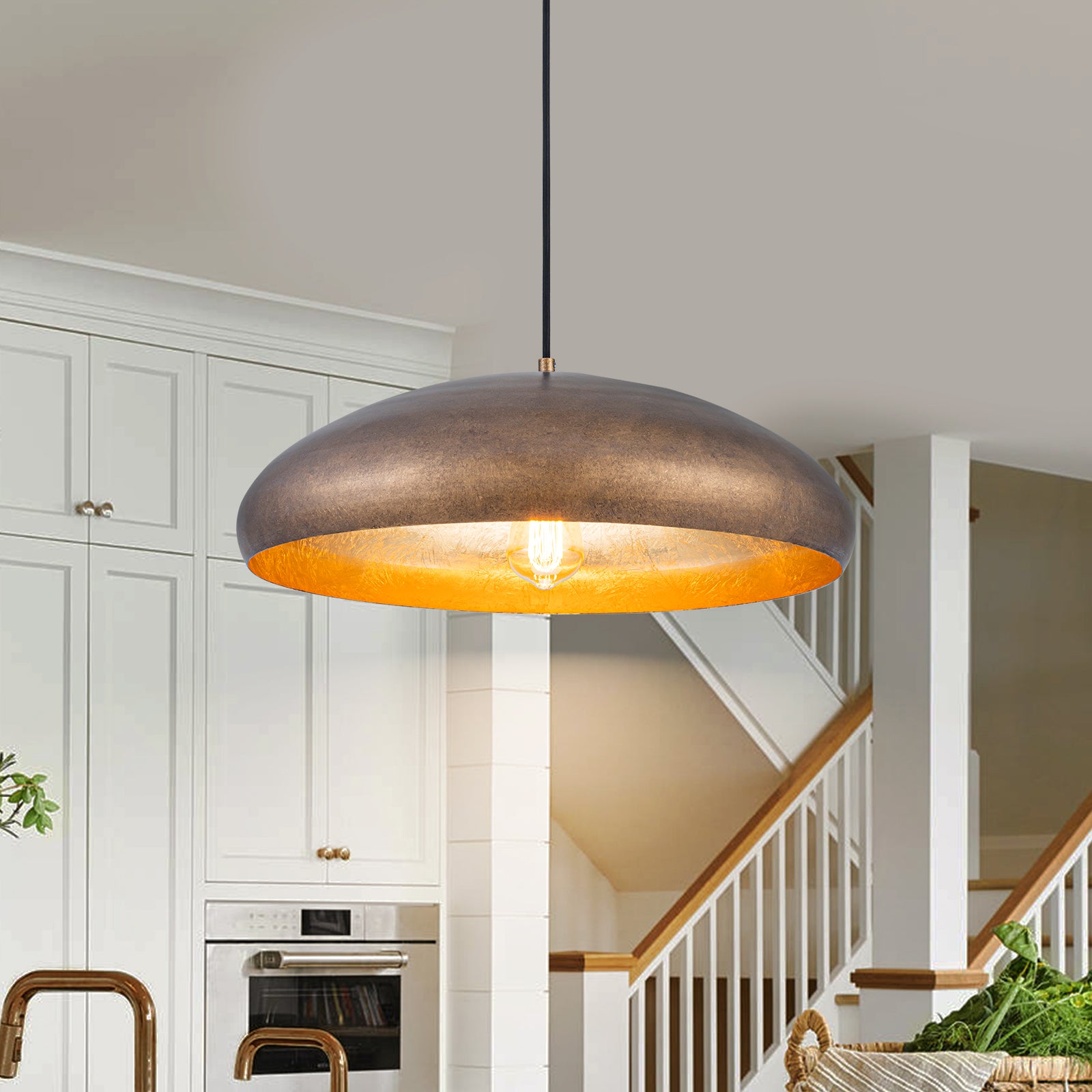 Glowlings 1-Light Industrial 20"Wide Oil Rubbed Bronze/Antique Gold Dome Pendant Light