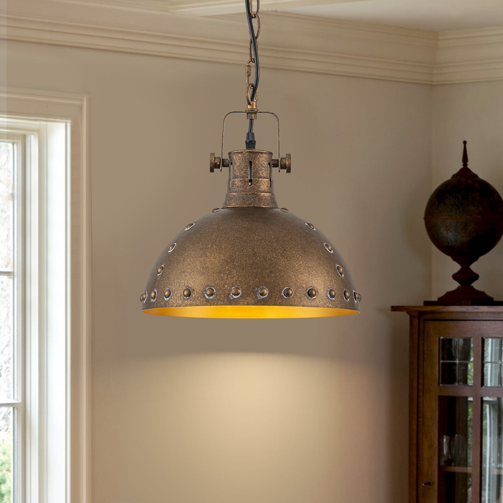 Glowlings 1-Light Industrial 12"Wide Rust Finish/Antique Gold Dome Pendant Light
