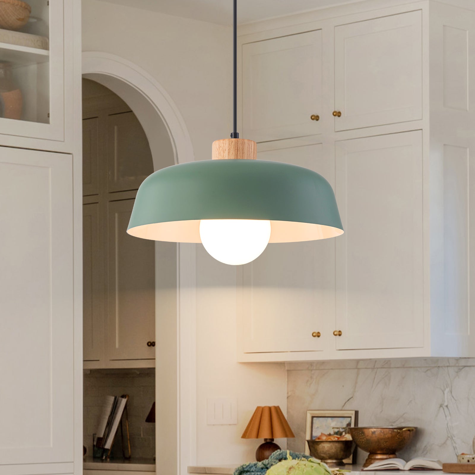 Glowlings 1-Light Modern 15"Wide Macaron Green Bowl Wood Dome Pendant Light
