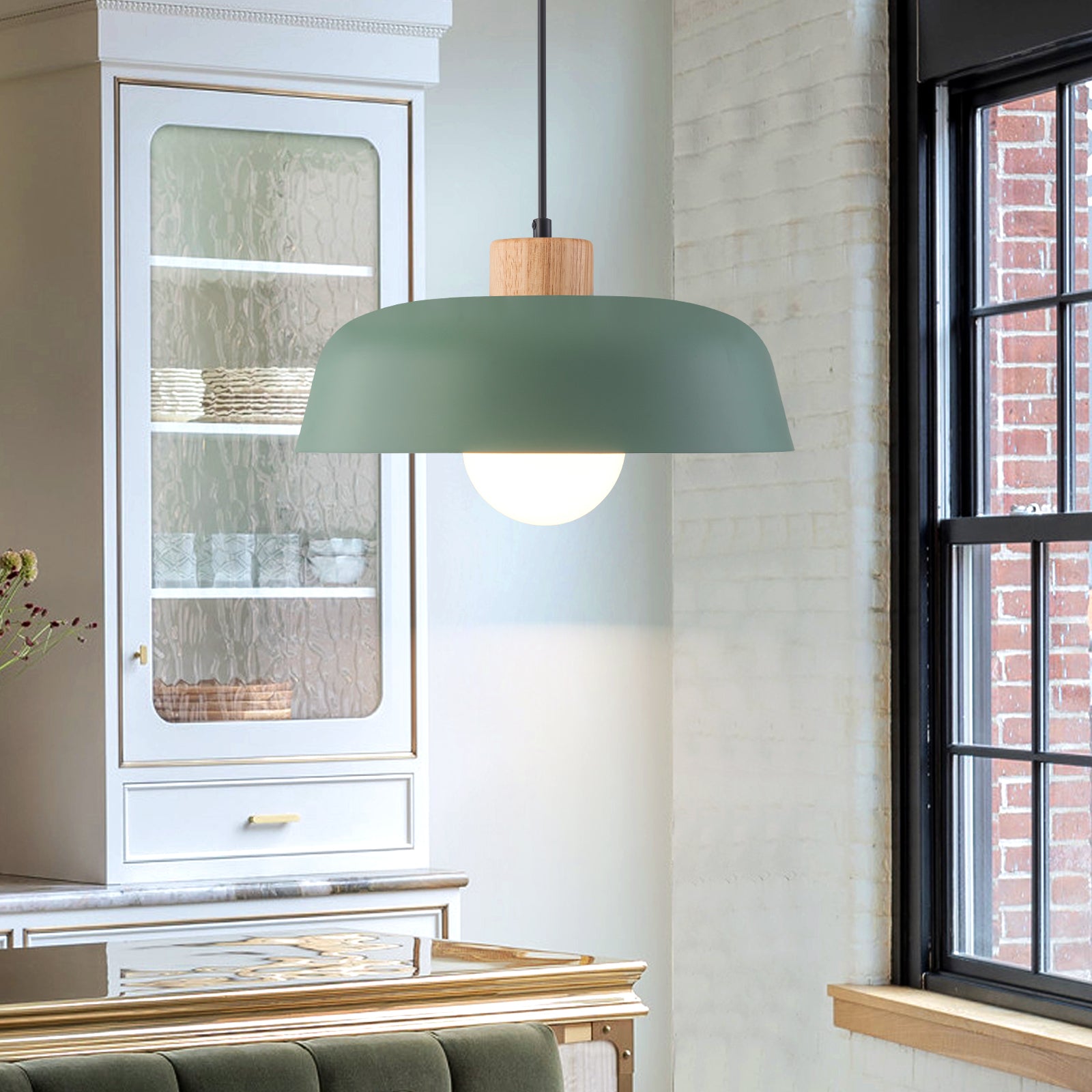 Glowlings 1-Light Modern 15"Wide Macaron Green Bowl Wood Dome Pendant Light