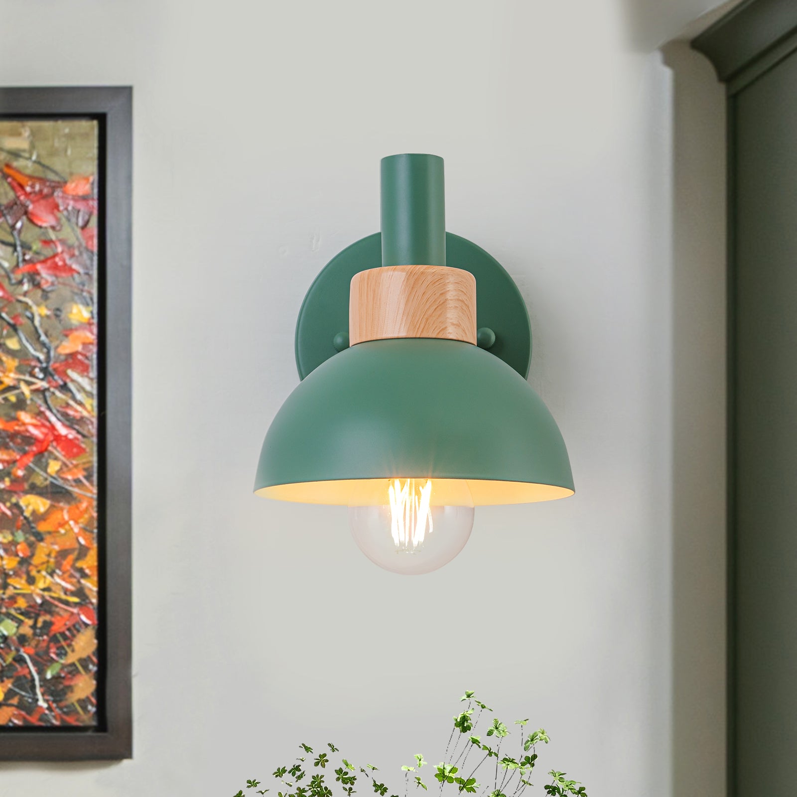 Glowlings 1-Light Modern Macaroon Green Dome Indoor/Outdoor Wall Sconce with Wooden Accent