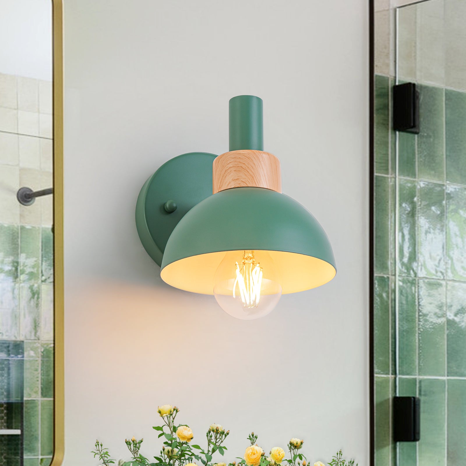 Glowlings 1-Light Modern Macaroon Green Dome Indoor/Outdoor Wall Sconce with Wooden Accent