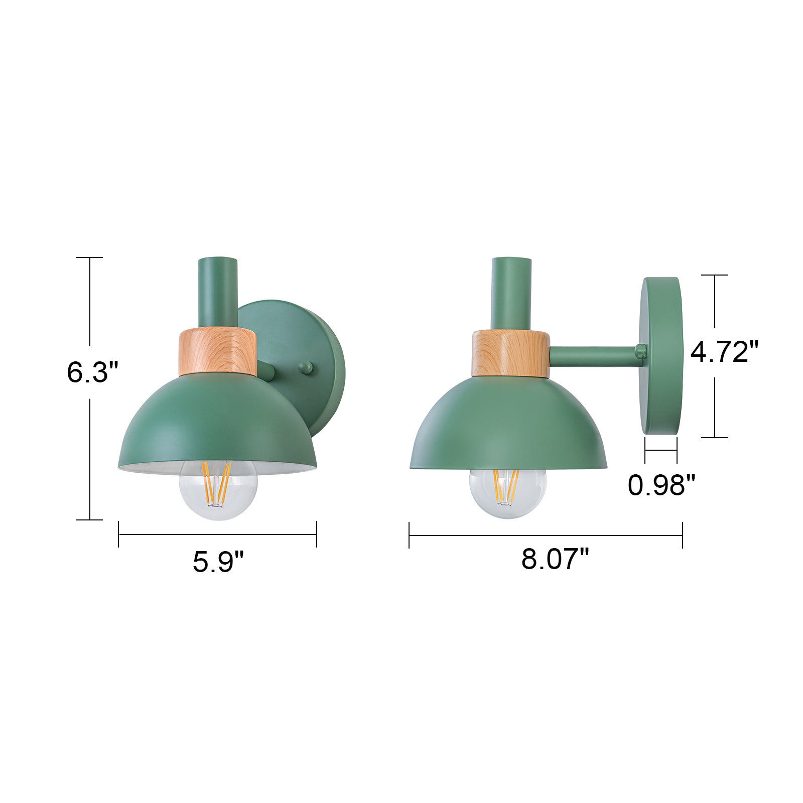 Glowlings 1-Light Modern Macaroon Green Dome Indoor/Outdoor Wall Sconce with Wooden Accent