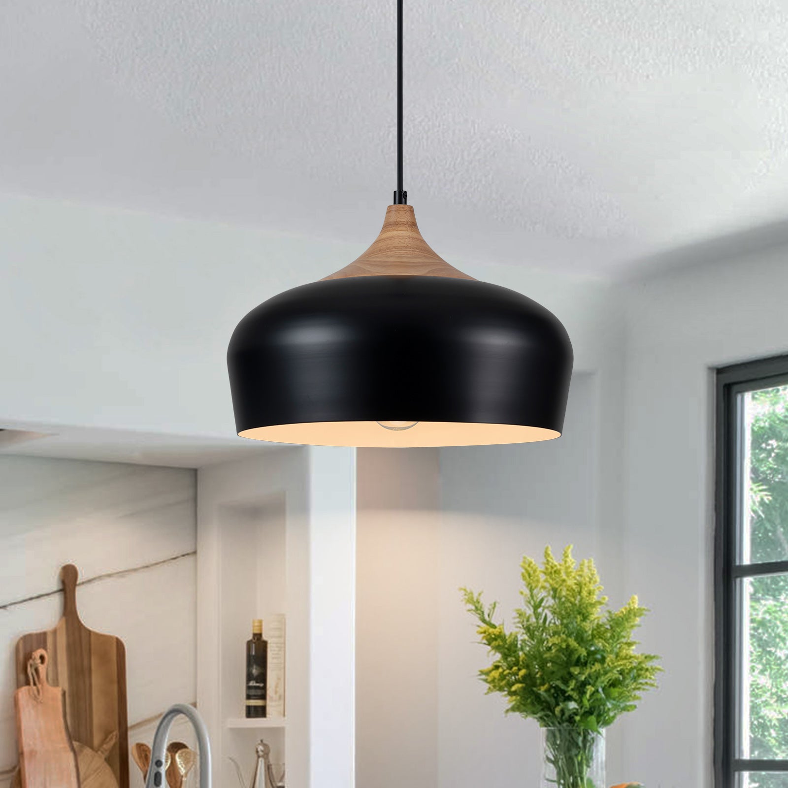 Glowlings 1-Light Modern 14"Wide Matte Black Wood Dome Pendant Light Island Light