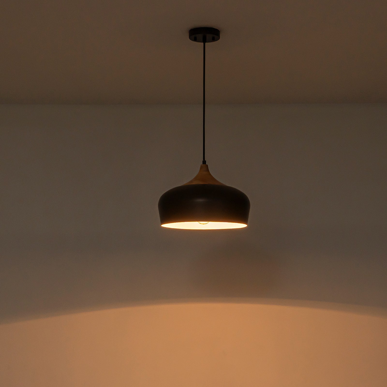 Glowlings 1-Light Modern 14"Wide Matte Black Wood Dome Pendant Light Island Light
