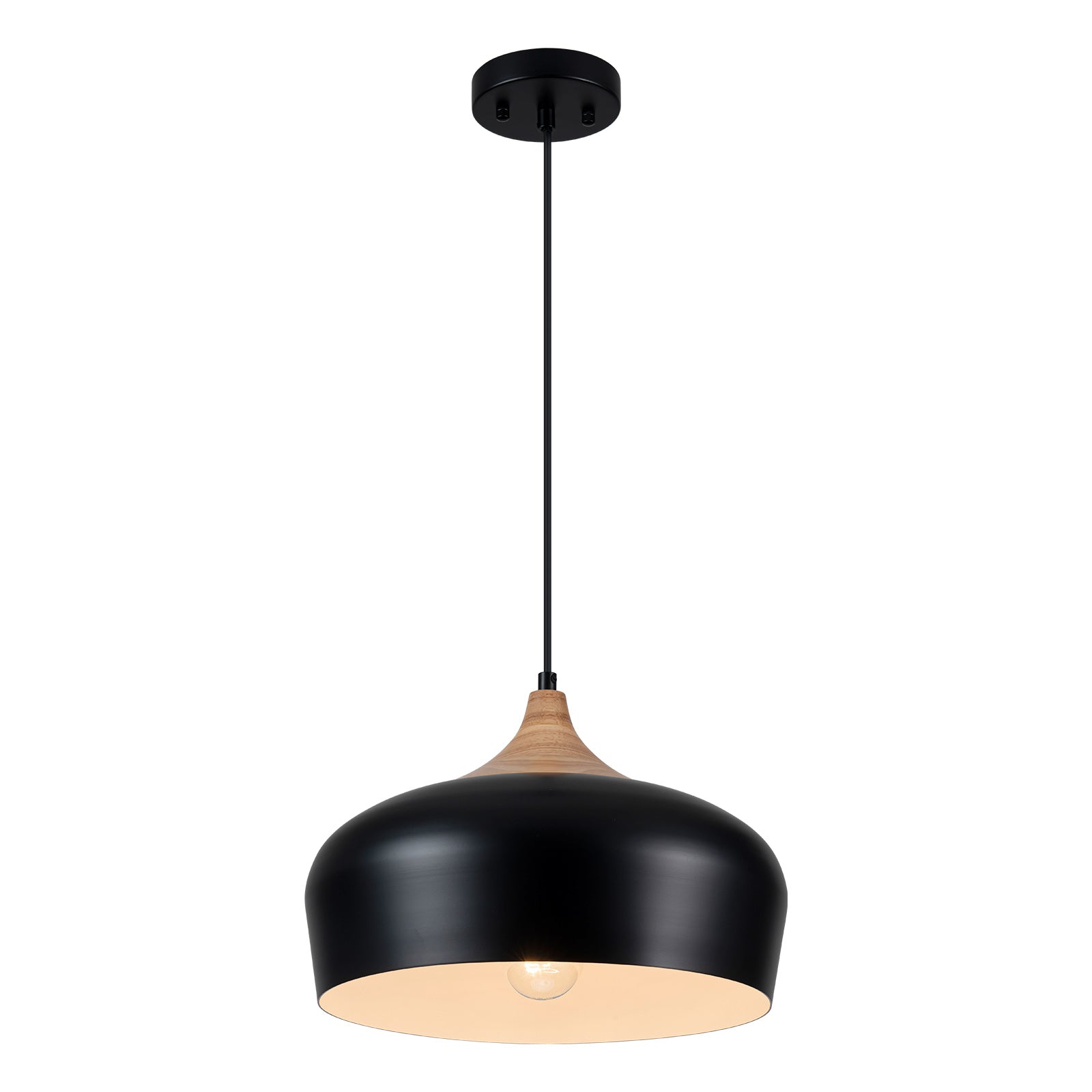 Glowlings 1-Light Modern 14"Wide Matte Black Wood Dome Pendant Light Island Light
