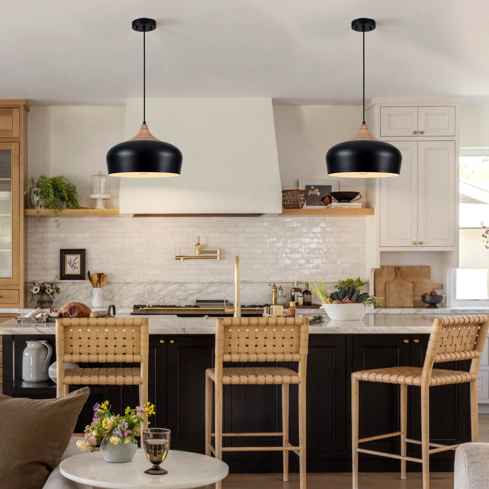 Glowlings 1-Light Modern 14"Wide Matte Black Wood Dome Pendant Light Island Light