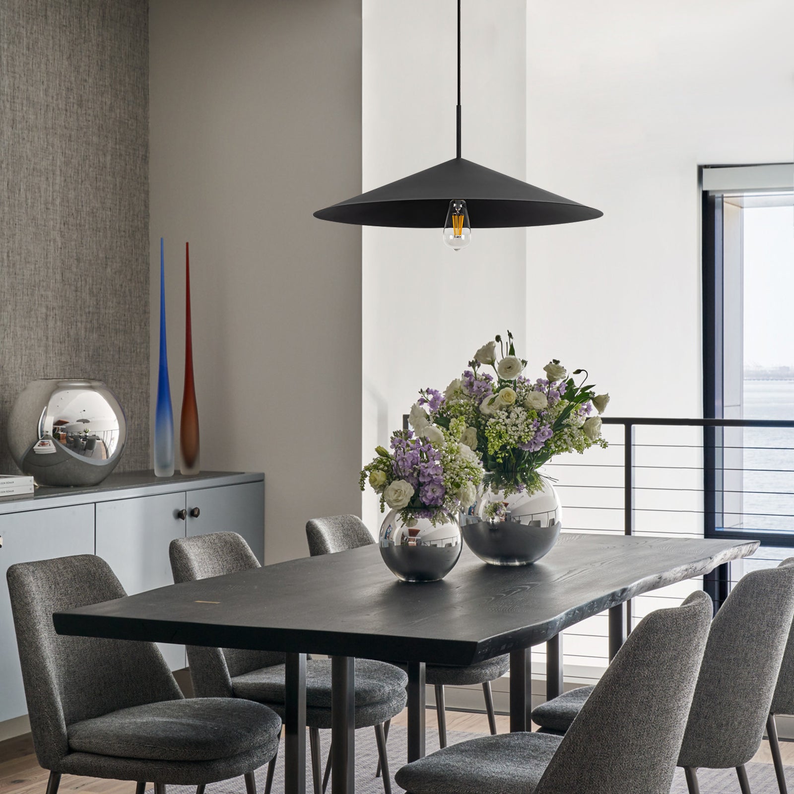 Glowlings 1-Light Modern 26"Wide Large Metal Cone Black Dome Pendant Light