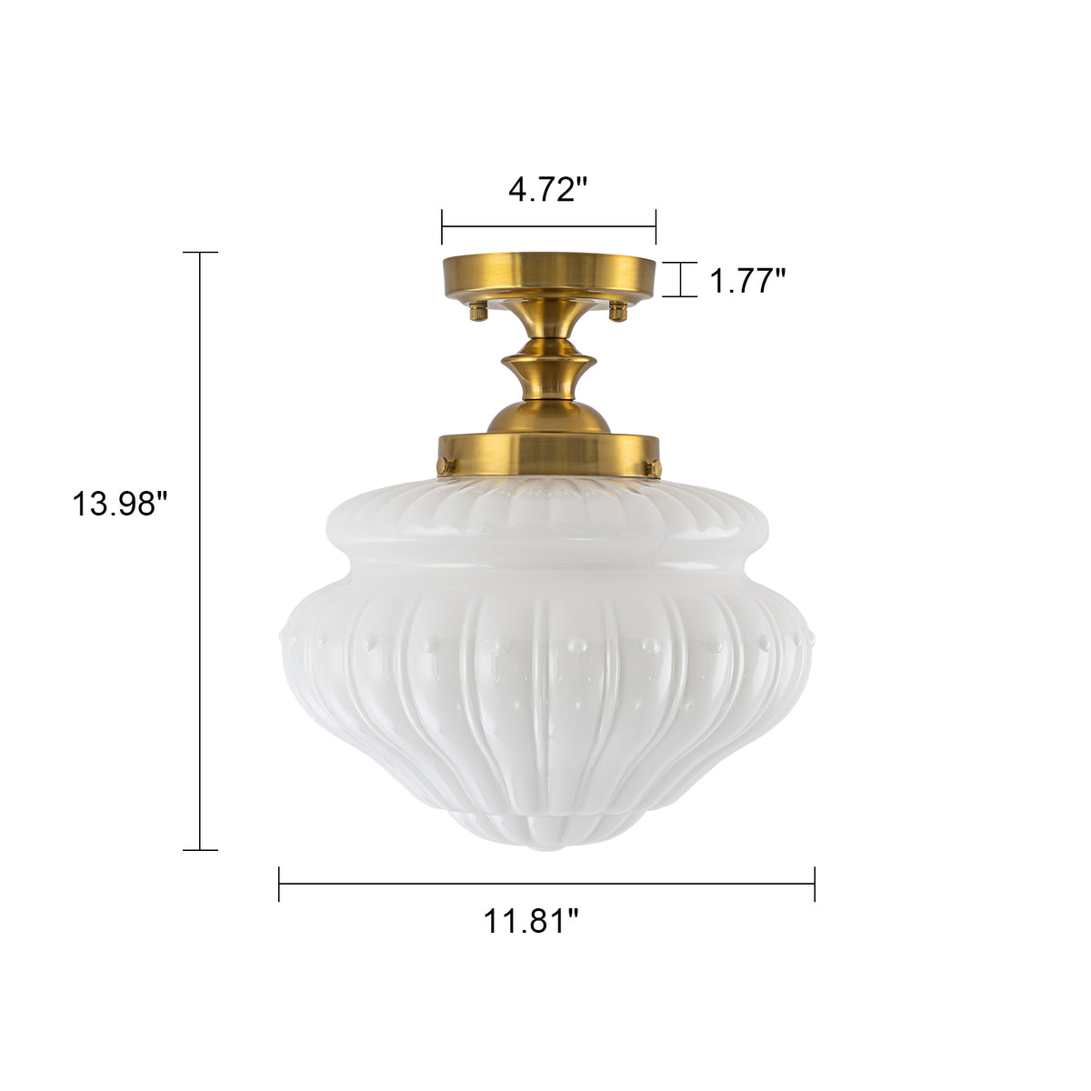 Glowling 1-Light Modern Semi Flush Mount Ceiling Light, Brushed Brass Vintage with Ribbed Glass Shade