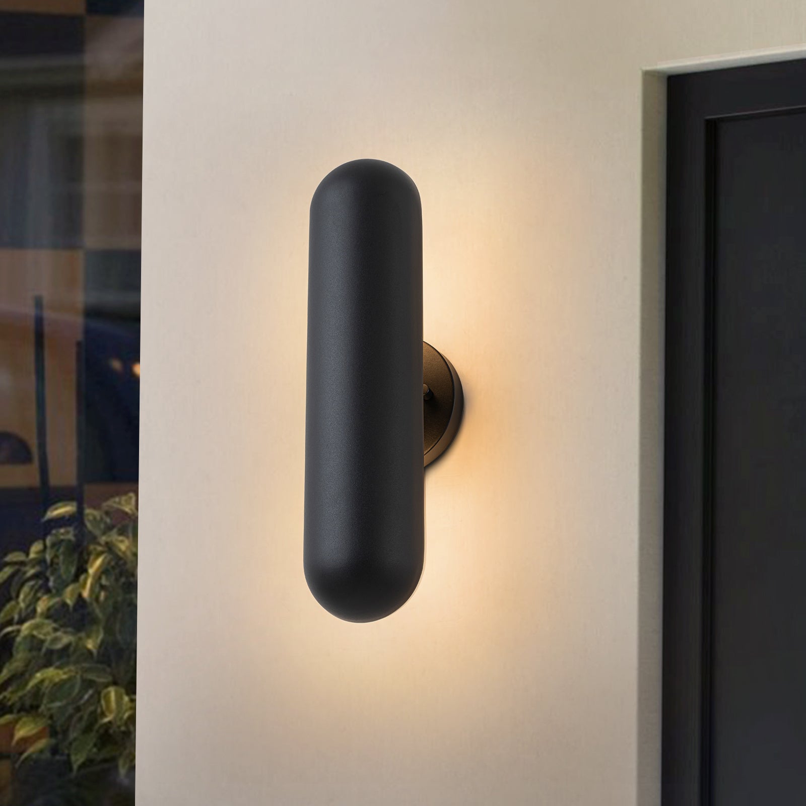 Glowlings 1-Light Modern Minimalist 16"High IP54 Matte Black Pill-Shaped LED Outdoor Wall Sconce