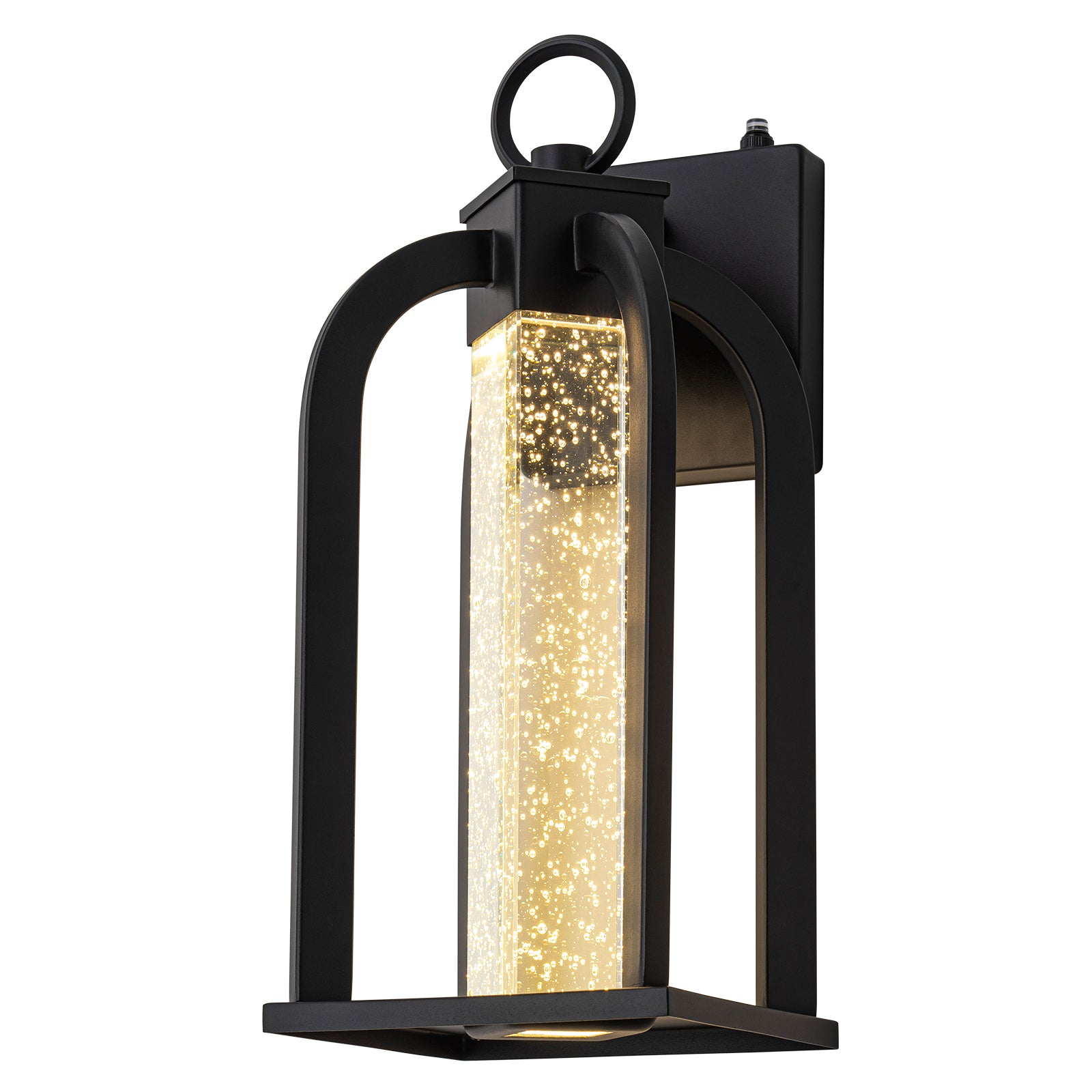 Glowlings 1-flammige, moderne, 35,6 cm hohe, schwarze Käfig-Zylinderleuchte mit Kristallglas und integrierter LED-Außenwandleuchte