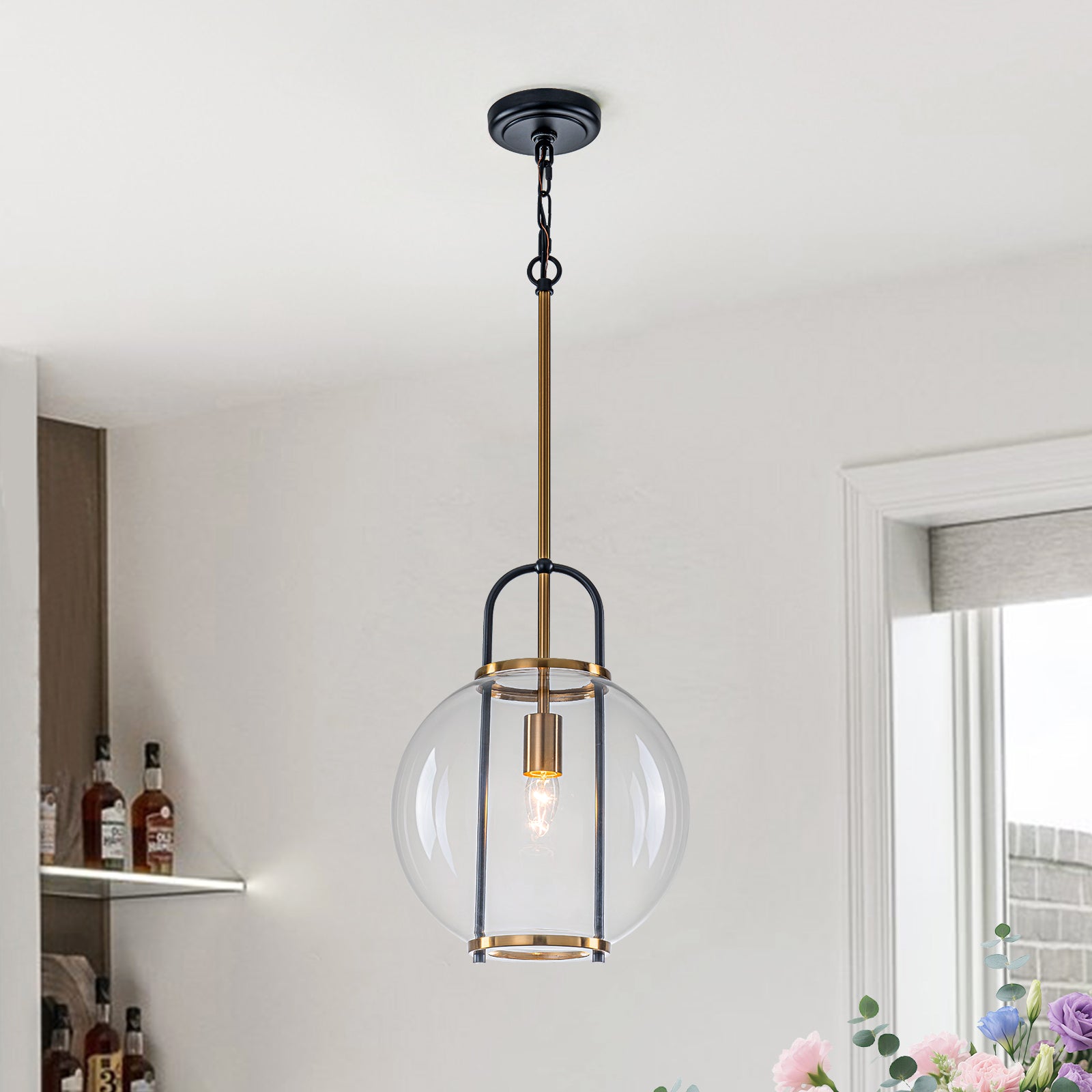 Glowlings 1-Light Modern 12"Wide Black Globe Clear Glass Pendant Light