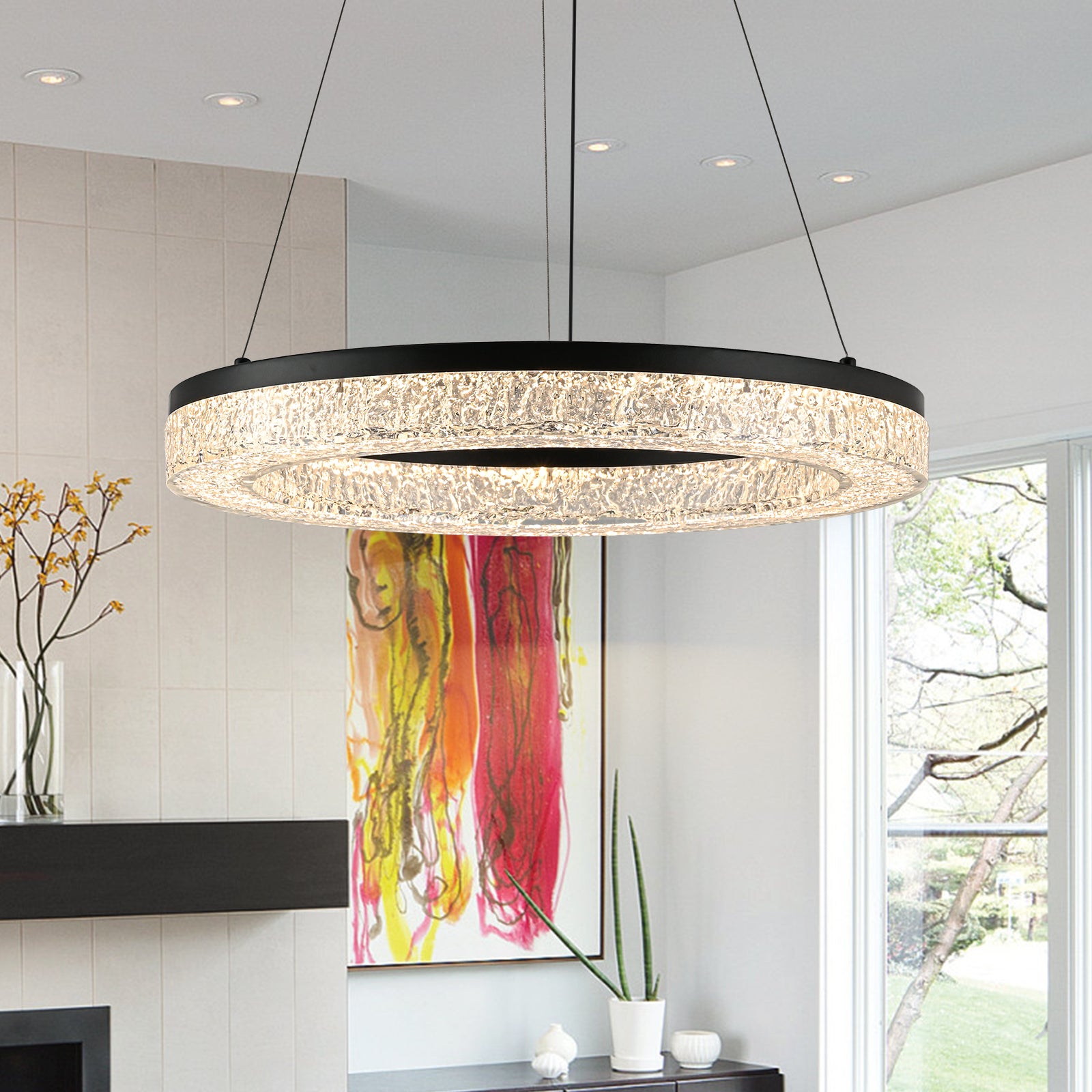 Glowlings 1-Light Modern 22"Wide Black LED Ring Resin Round Chandelier