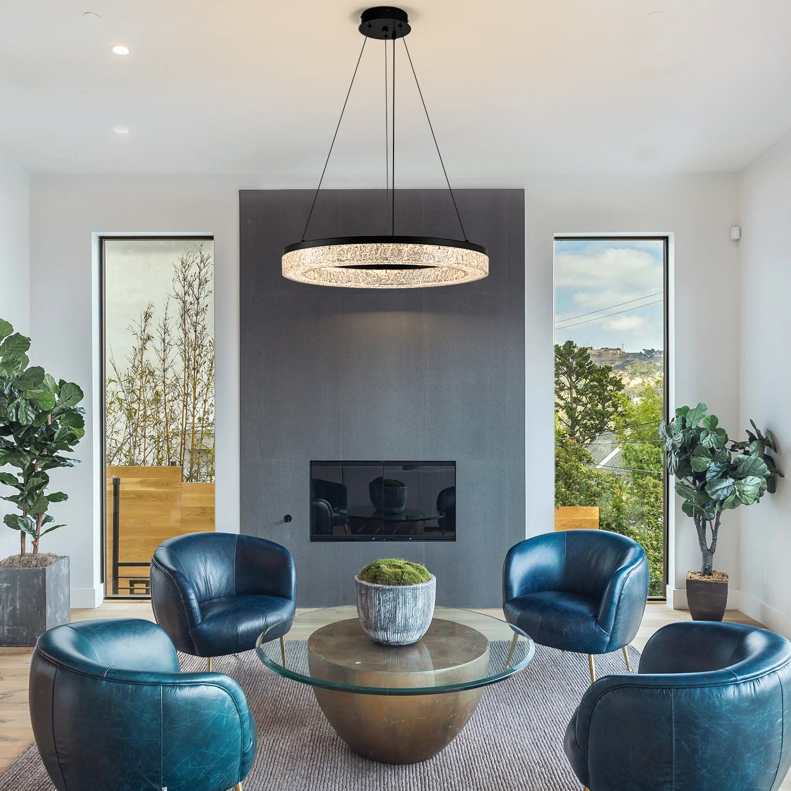 Glowlings 1-Light Modern 22"Wide Black LED Ring Resin Round Chandelier