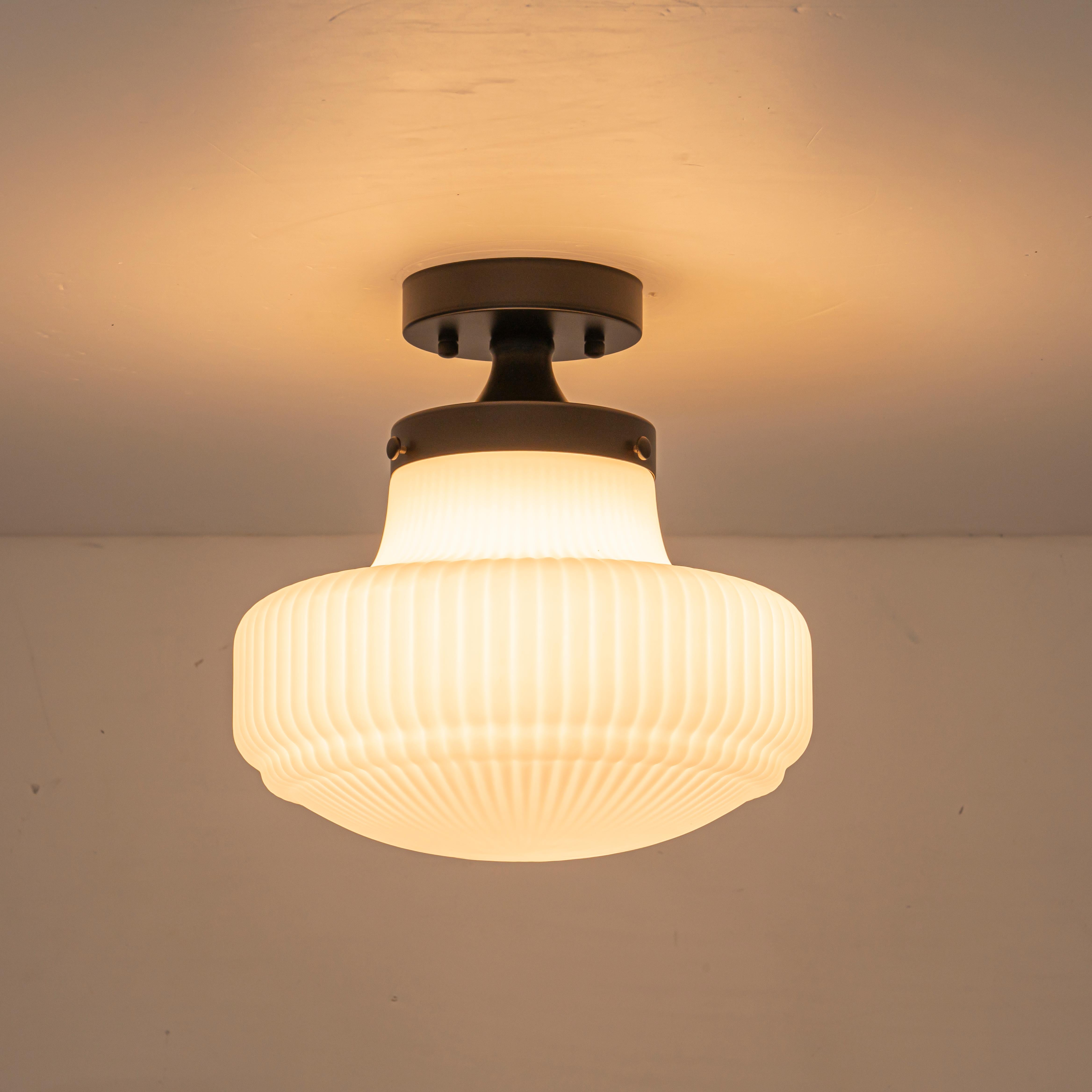 Glowlings 1-Light Modern 11"Wide Black Ribbed Opal Glass Dome Semi-Flush Mount Ceiling Light