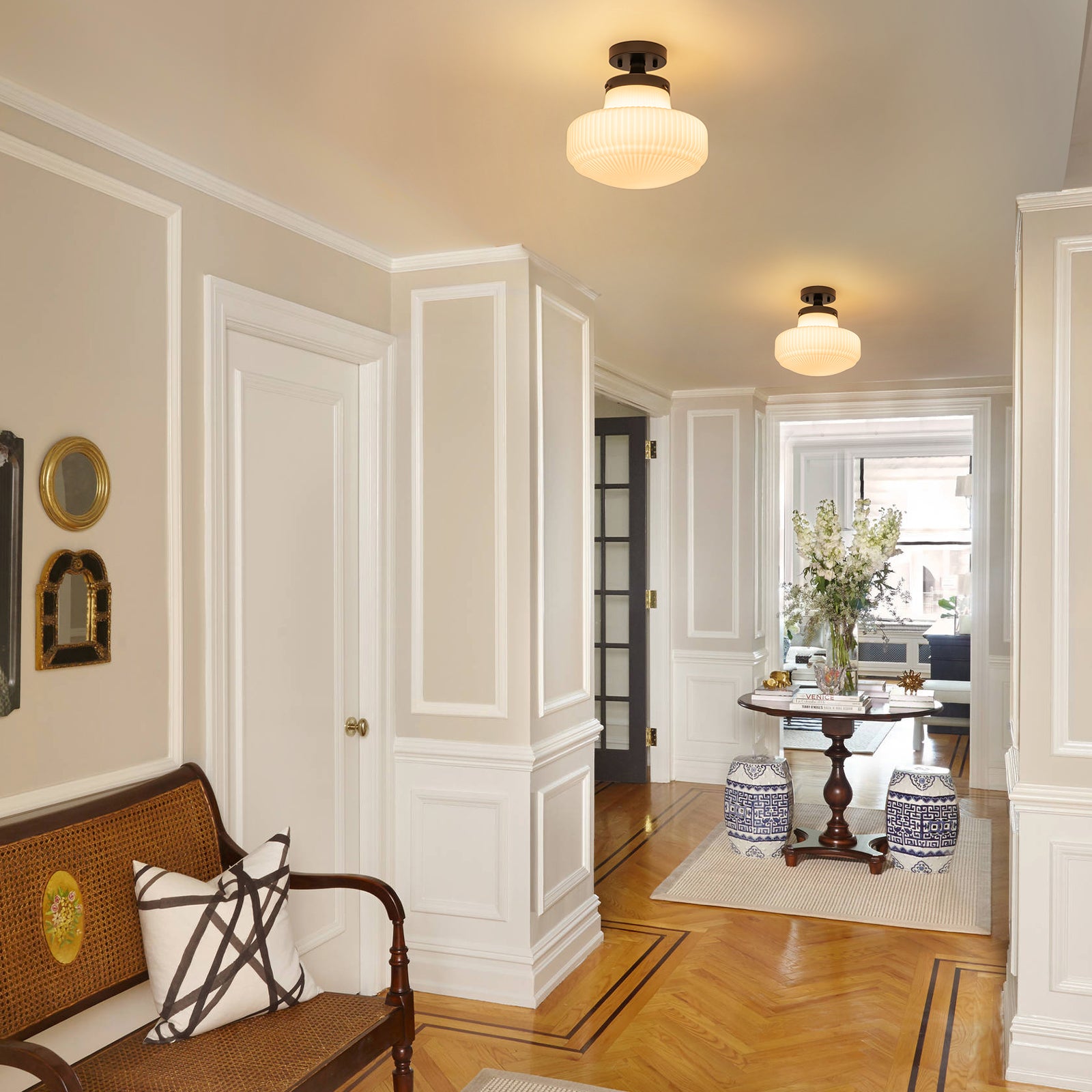 Glowlings 1-Light Modern 11"Wide Black Ribbed Opal Glass Dome Semi-Flush Mount Ceiling Light