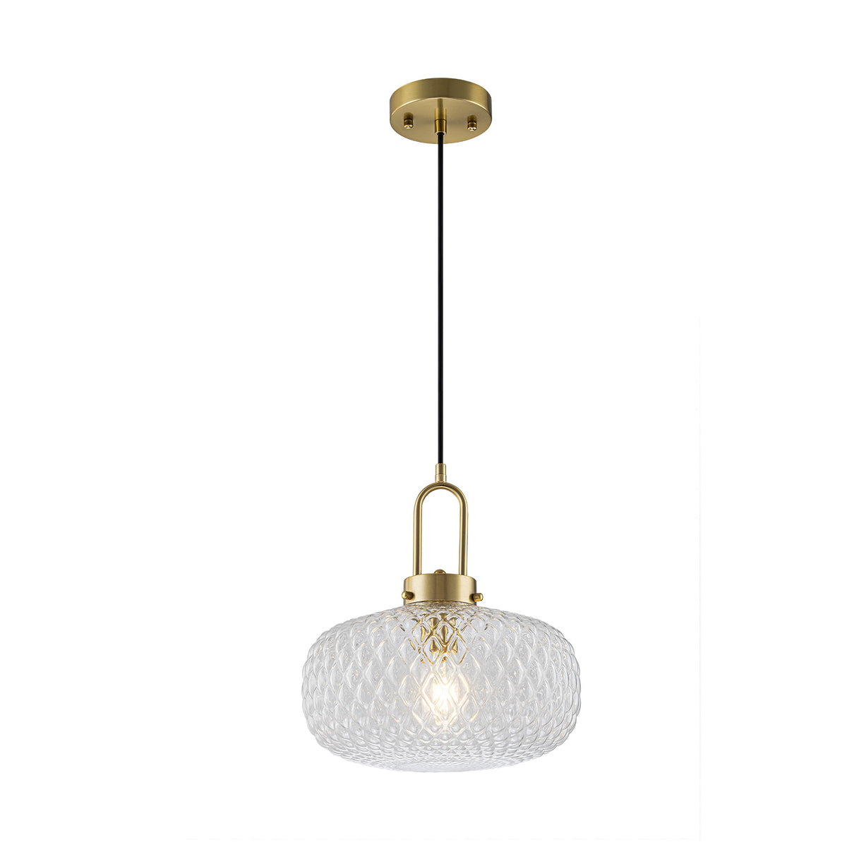 Glowlings 1-Light Modern Brass Clear Textured Glass Pendant Light, Mid-Century Hanging Ceiling Light Fixture