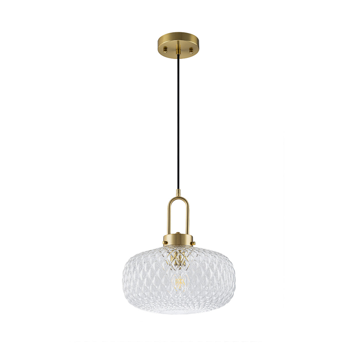 Glowlings 1-Light Modern Brass Clear Textured Glass Pendant Light, Mid-Century Hanging Ceiling Light Fixture