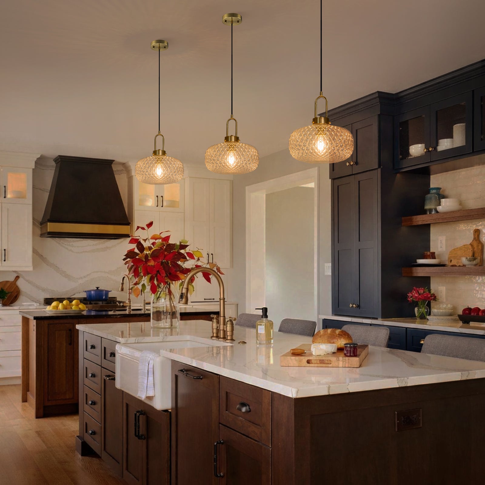 Glowlings 1-Light Modern Brass Clear Textured Glass Pendant Light, Mid-Century Hanging Ceiling Light Fixture