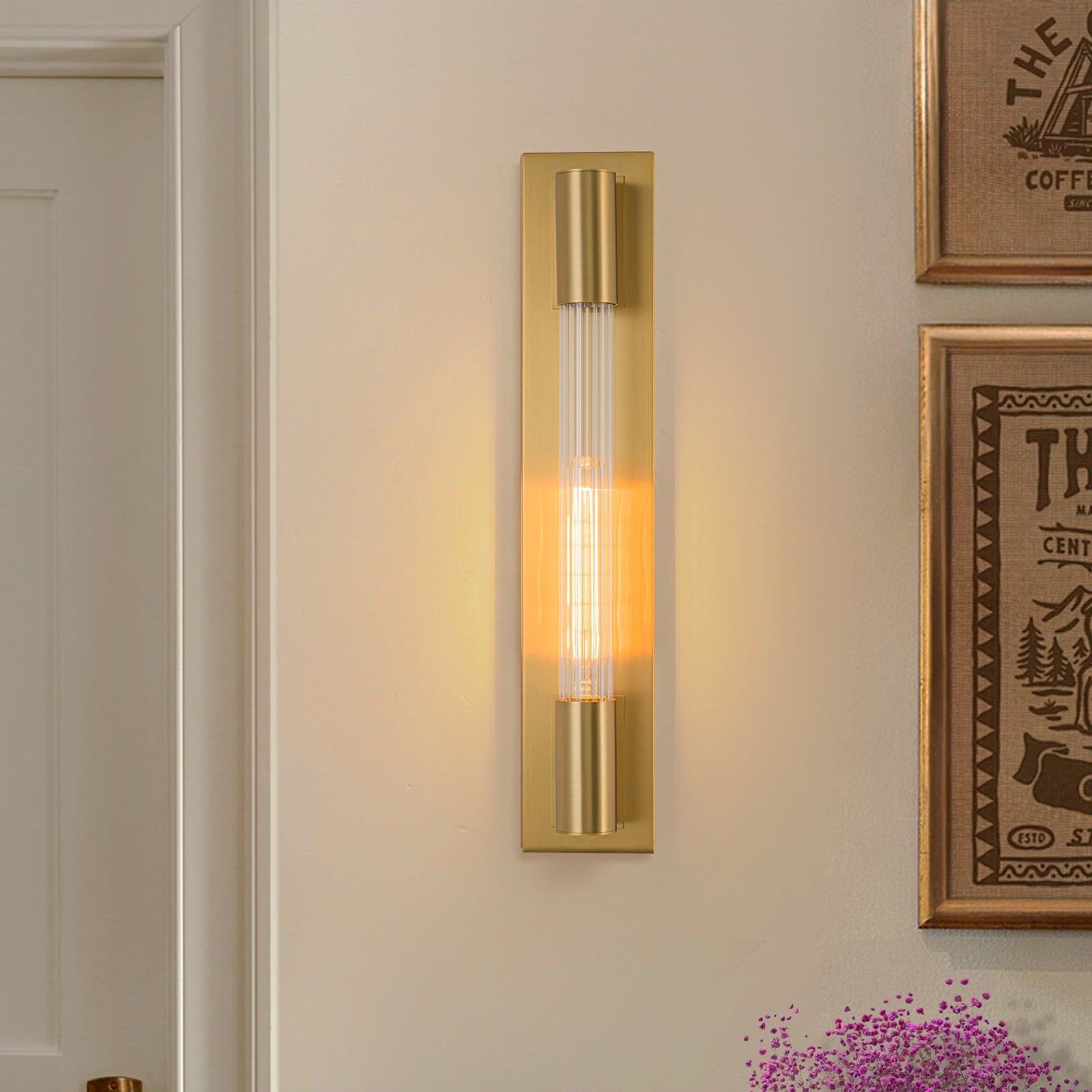 Glowlings 1-Light Modern Brushed Brass Cylinder Ribbed Clear Glass Tube Wall Sconce